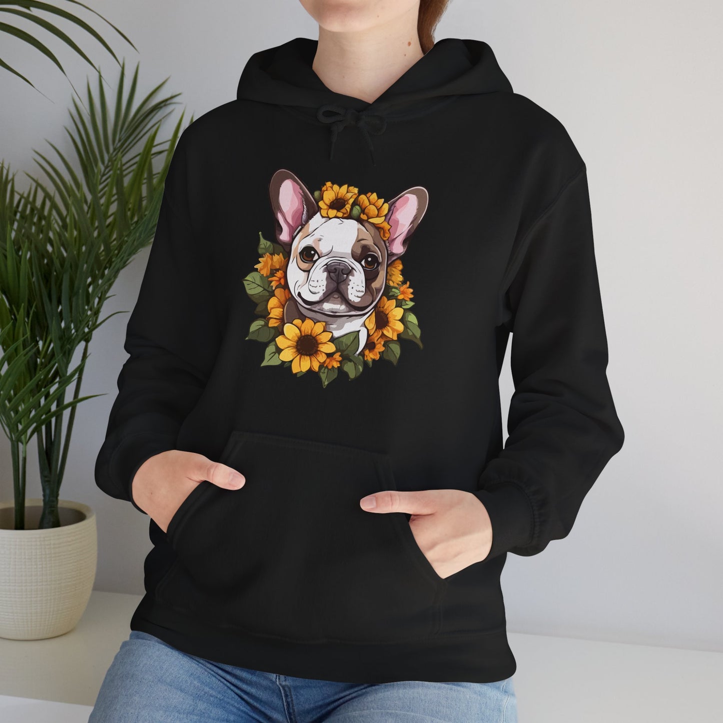French Bulldog Sunflower Hoodie – Cute Bonjour Frenchie Pullover for Dog Lovers, Cozy Floral Gift for Pet Owners