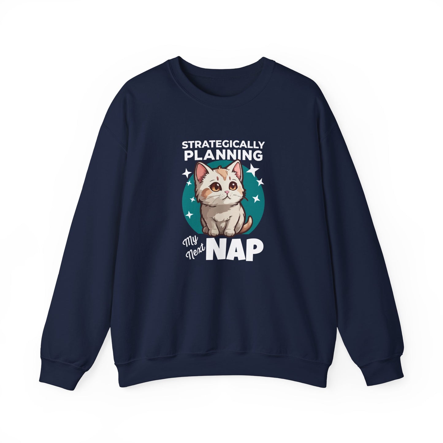 “Strategically Planning My Next Nap” Funny Cat Sweatshirt – Lazy Cat Lover Gift, Cozy Unisex Pullover for Pet Parents, Introverts & Nap Queens