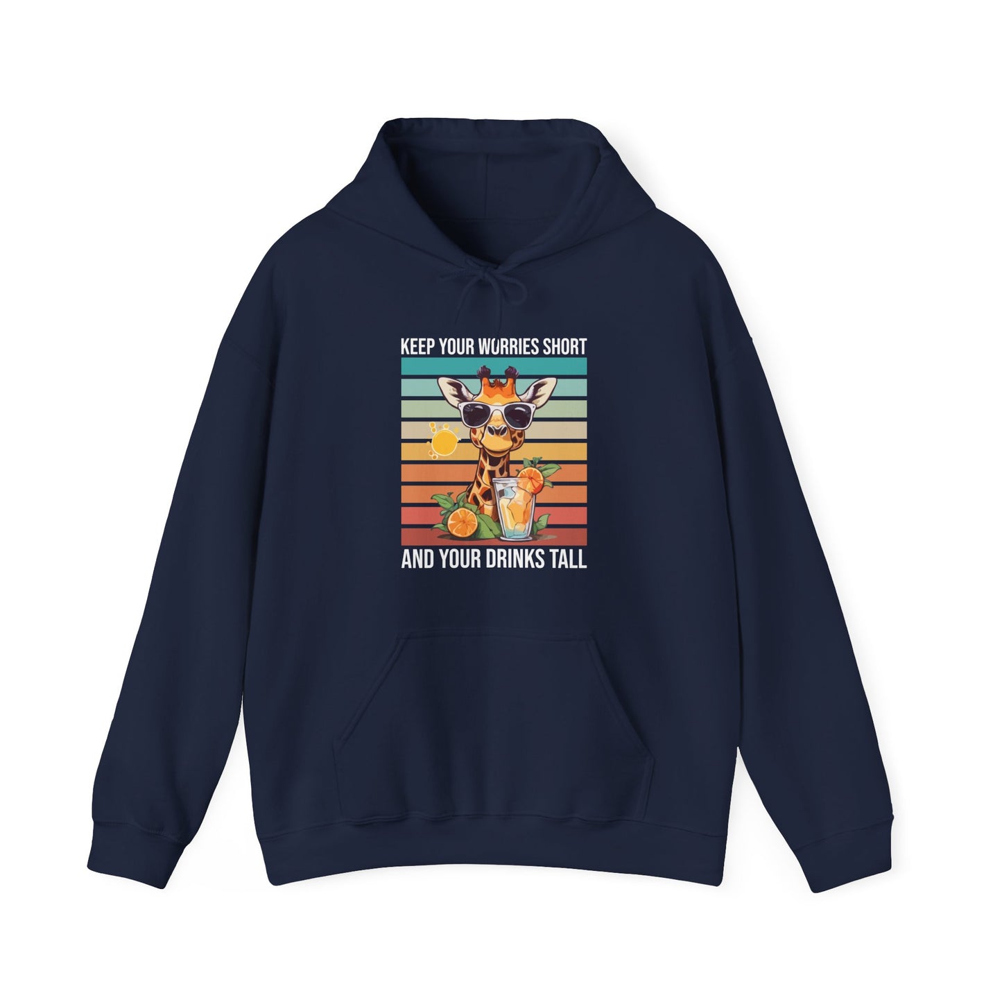 “Keep Your Worries Short & Your Drinks Tall” Giraffe Hoodie – Funny Summer Citrus Spritz Graphic, Cool Animal Lover Gift, Tropical Party Vibes