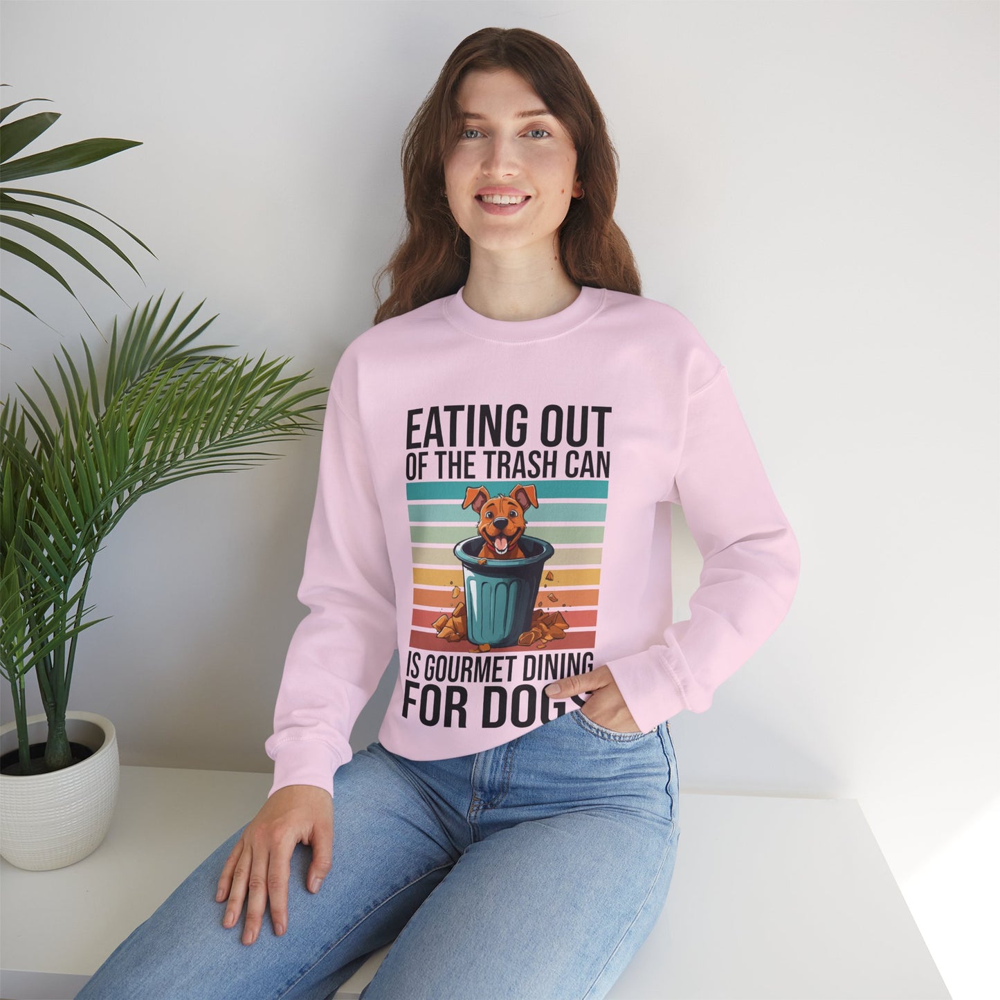 Funny Dog Sweatshirt – “Gourmet Trash Can Dining” Graphic for Pet Lovers, Cozy Unisex Pullover, Dog Mom or Dad Gift