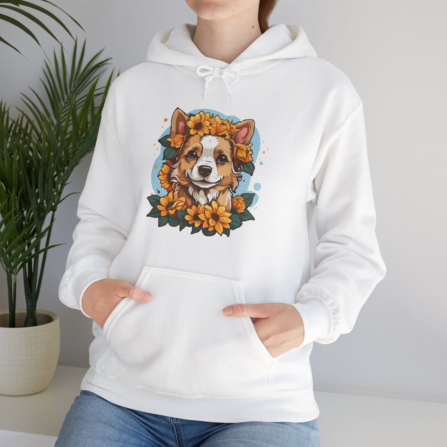 Cute Happy Dog with Sunflowers Hoodie – Floral Dog Lover Hooded Sweatshirt