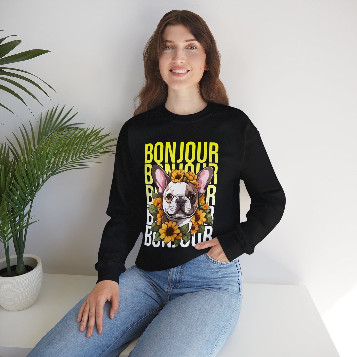 French Bulldog Sunflower Sweatshirt – Cute Bonjour Frenchie Pullover for Dog Lovers, Cozy Fall Gift for Her
