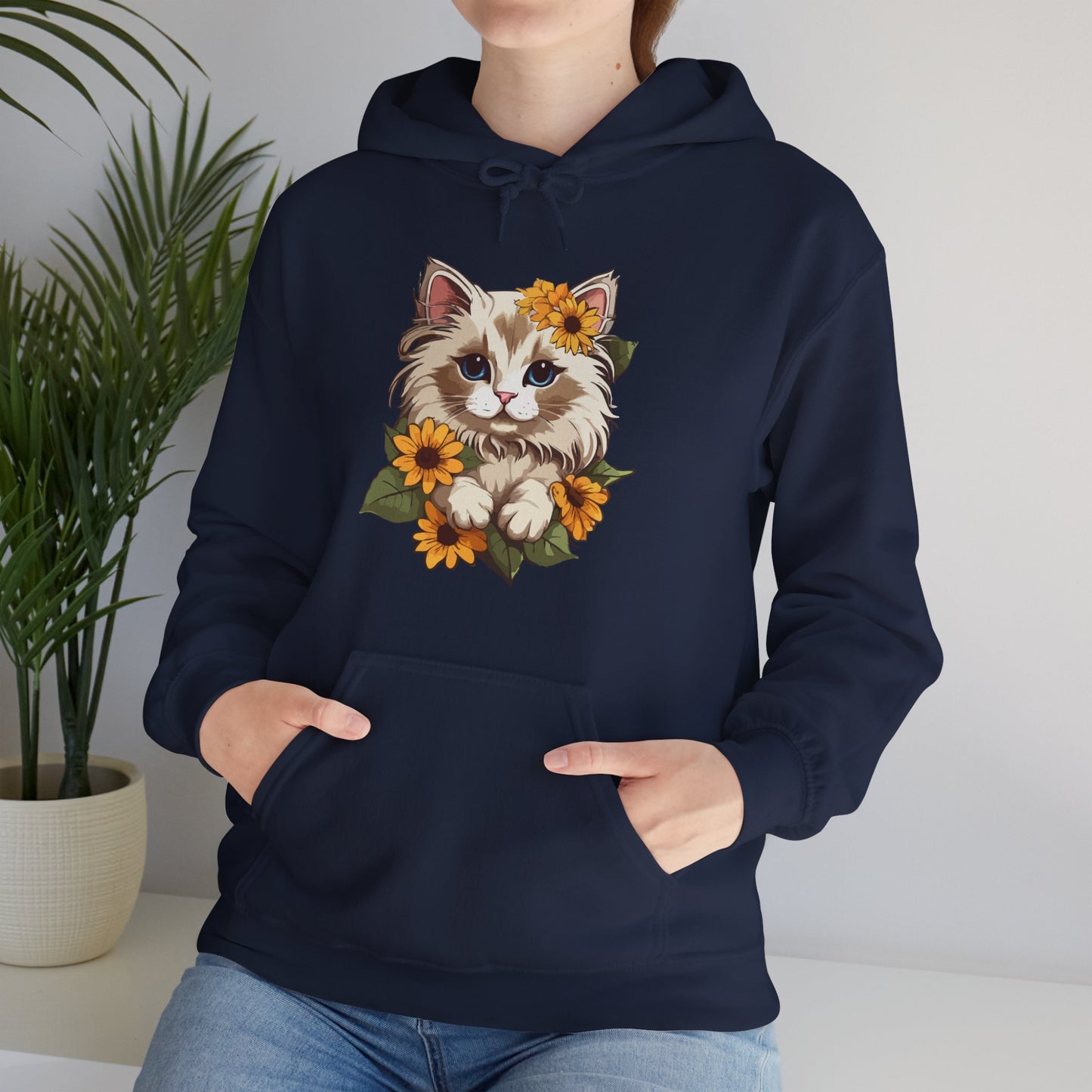 Cute Cat Floral Hoodie, Cozy Cat Lover Gift, Spring Apparel, Sunflower Design, Animal Lover Clothing