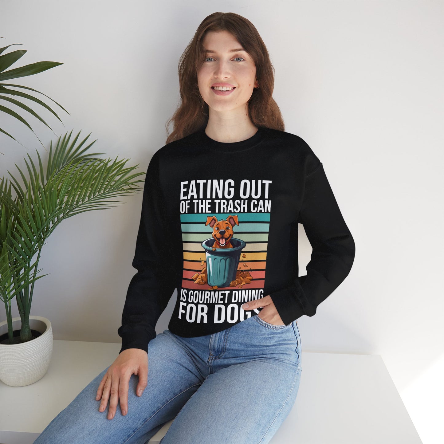 Funny Dog Sweatshirt – “Gourmet Trash Can Dining” Graphic for Pet Lovers, Cozy Unisex Pullover, Dog Mom or Dad Gift