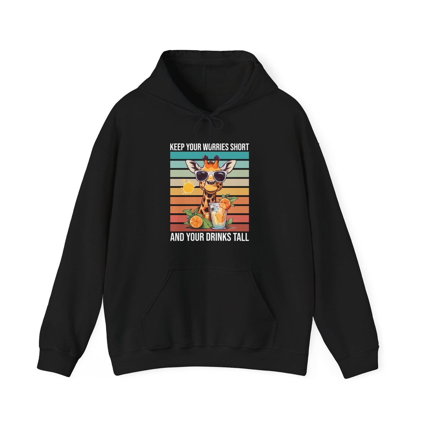 “Keep Your Worries Short & Your Drinks Tall” Giraffe Hoodie – Funny Summer Citrus Spritz Graphic, Cool Animal Lover Gift, Tropical Party Vibes