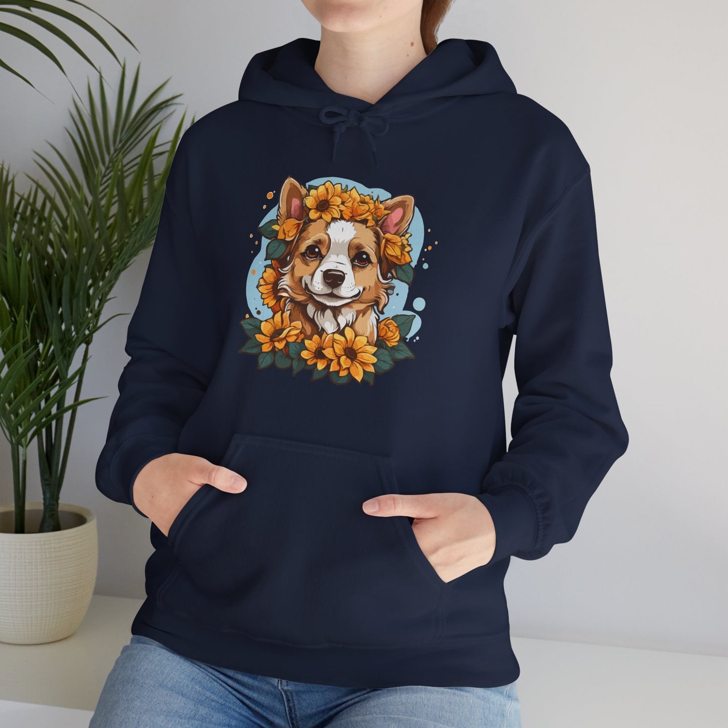 Cute Happy Dog with Sunflowers Hoodie – Floral Dog Lover Hooded Sweatshirt