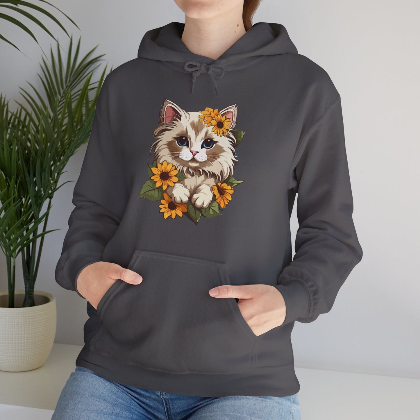 Cute Cat Floral Hoodie, Cozy Cat Lover Gift, Spring Apparel, Sunflower Design, Animal Lover Clothing