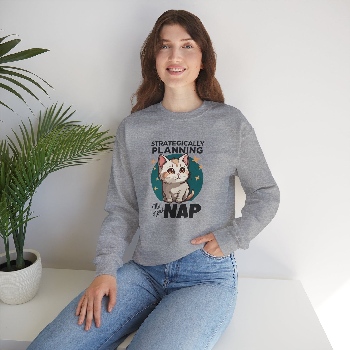 “Strategically Planning My Next Nap” Funny Cat Sweatshirt – Lazy Cat Lover Gift, Cozy Unisex Pullover for Pet Parents, Introverts & Nap Queens