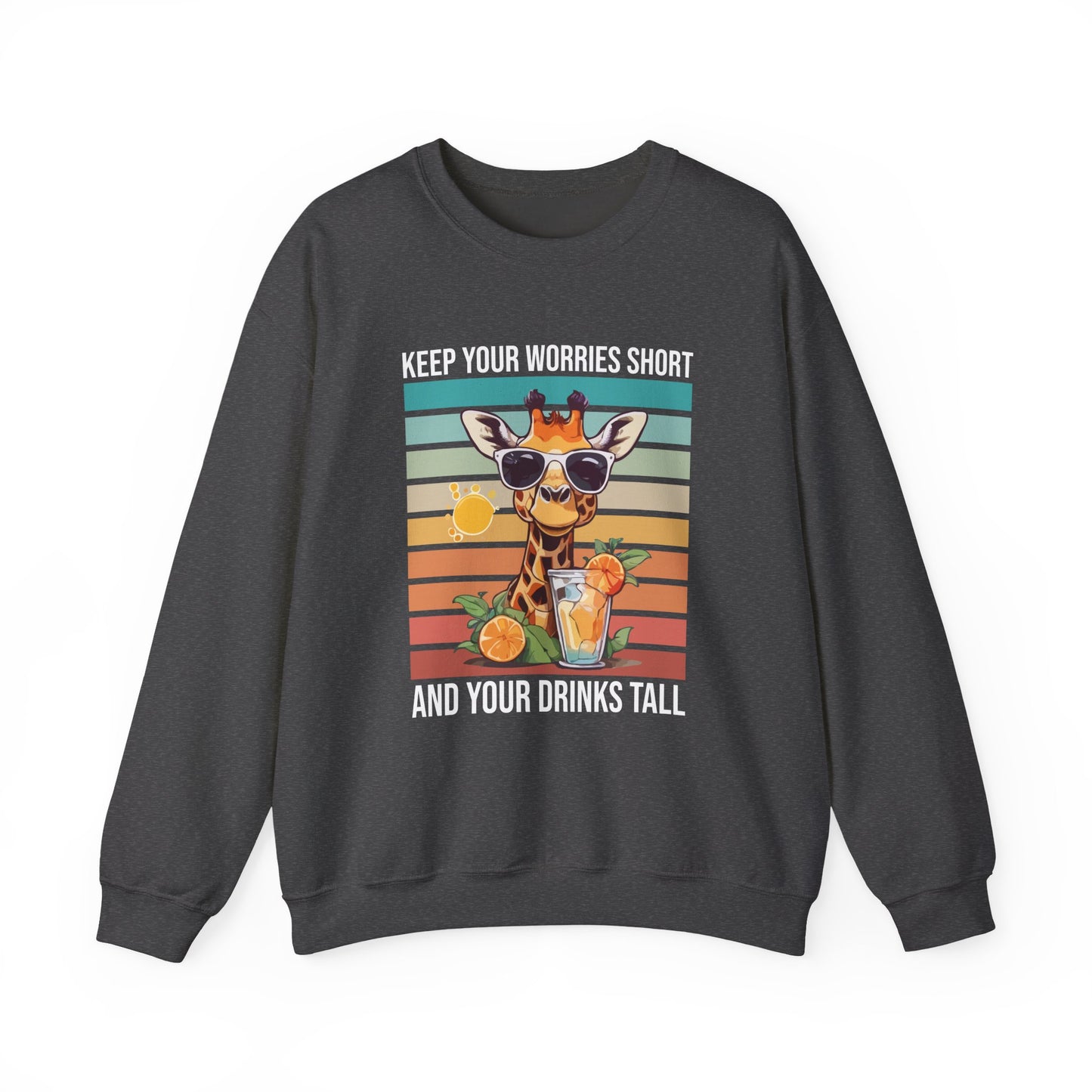 “Keep Your Worries Short & Your Drinks Tall” Giraffe Sweatshirt – Funny Summer Animal Graphic, Citrus Spritz Vibes for Bold Animal Lovers