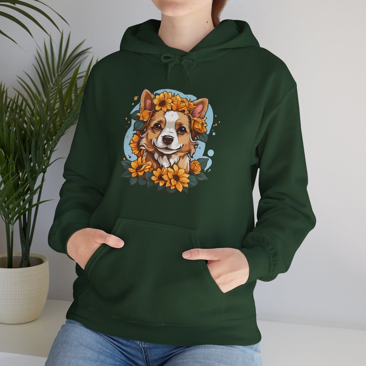 Cute Happy Dog with Sunflowers Hoodie – Floral Dog Lover Hooded Sweatshirt