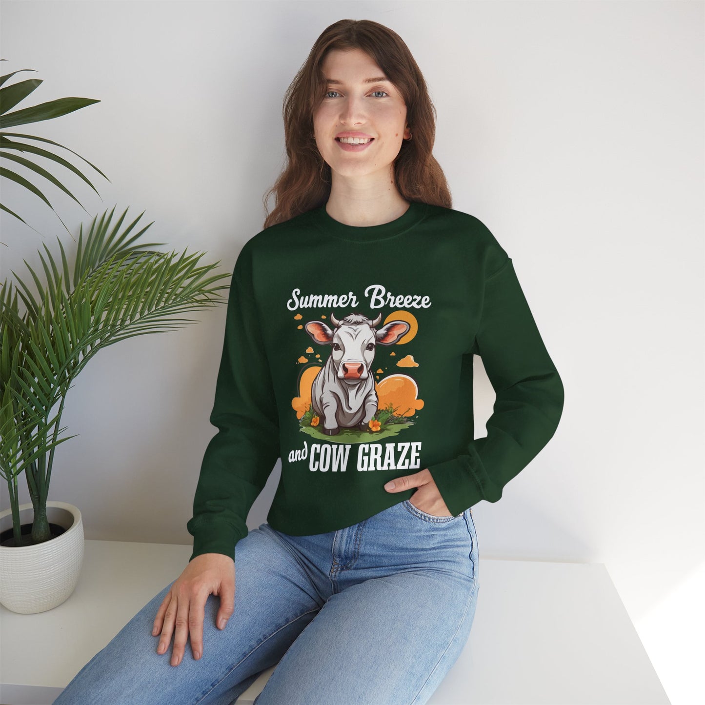 “Summer Breeze and Cow Graze” Sweatshirt – Farm Animal Lover Gift, Rustic Country Life Sweater, Cozy Cow Apparel for Nature Lovers