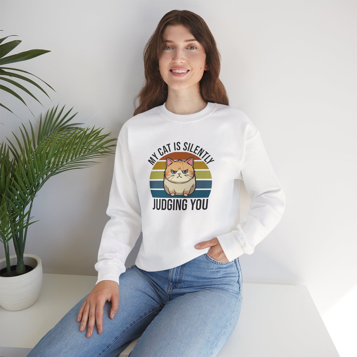 “My Cat Is Silently Judging You” Funny Cat Lover Sweatshirt – Snarky Unisex Pullover Gift for Pet Parents, Introverts & Feline Fans