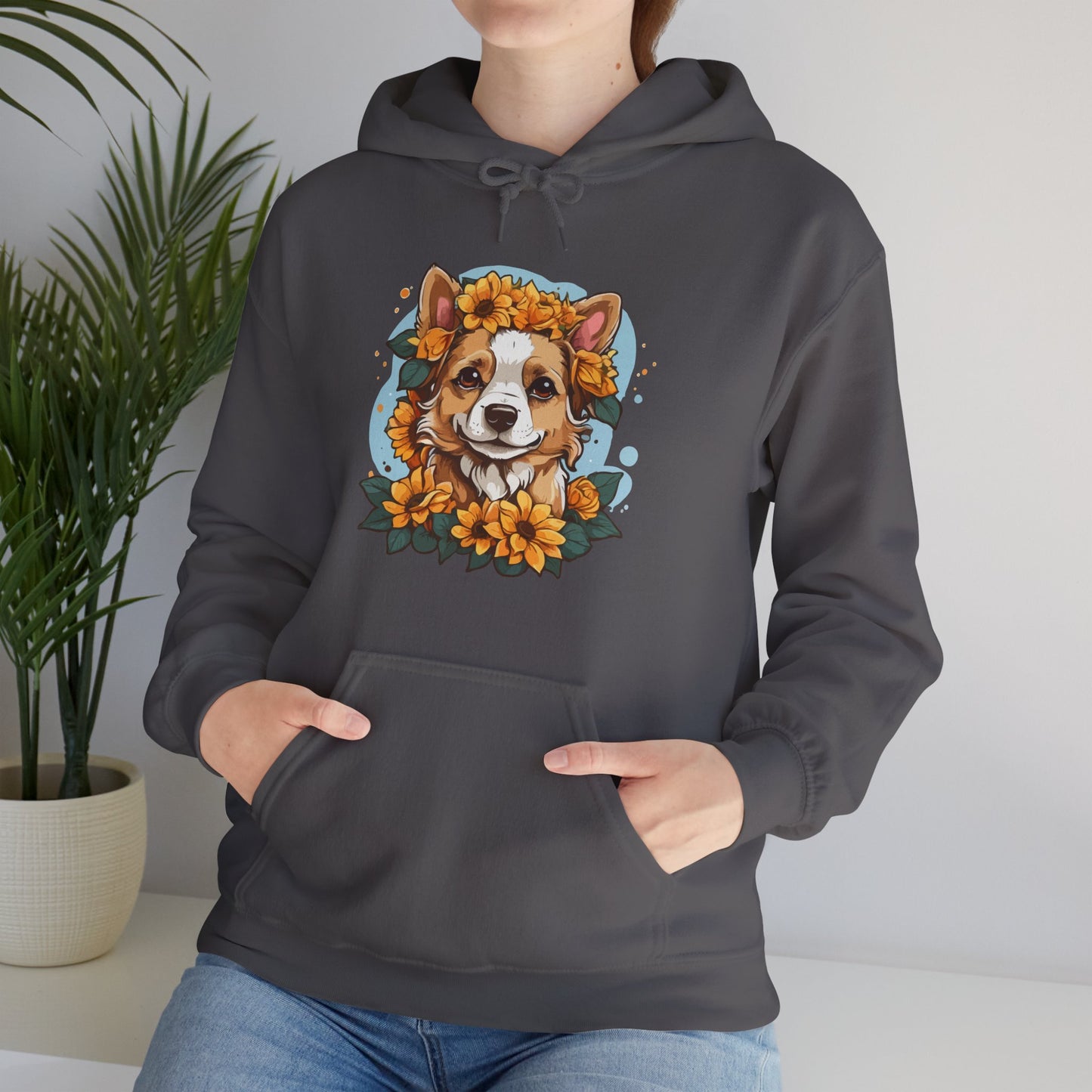 Cute Happy Dog with Sunflowers Hoodie – Floral Dog Lover Hooded Sweatshirt