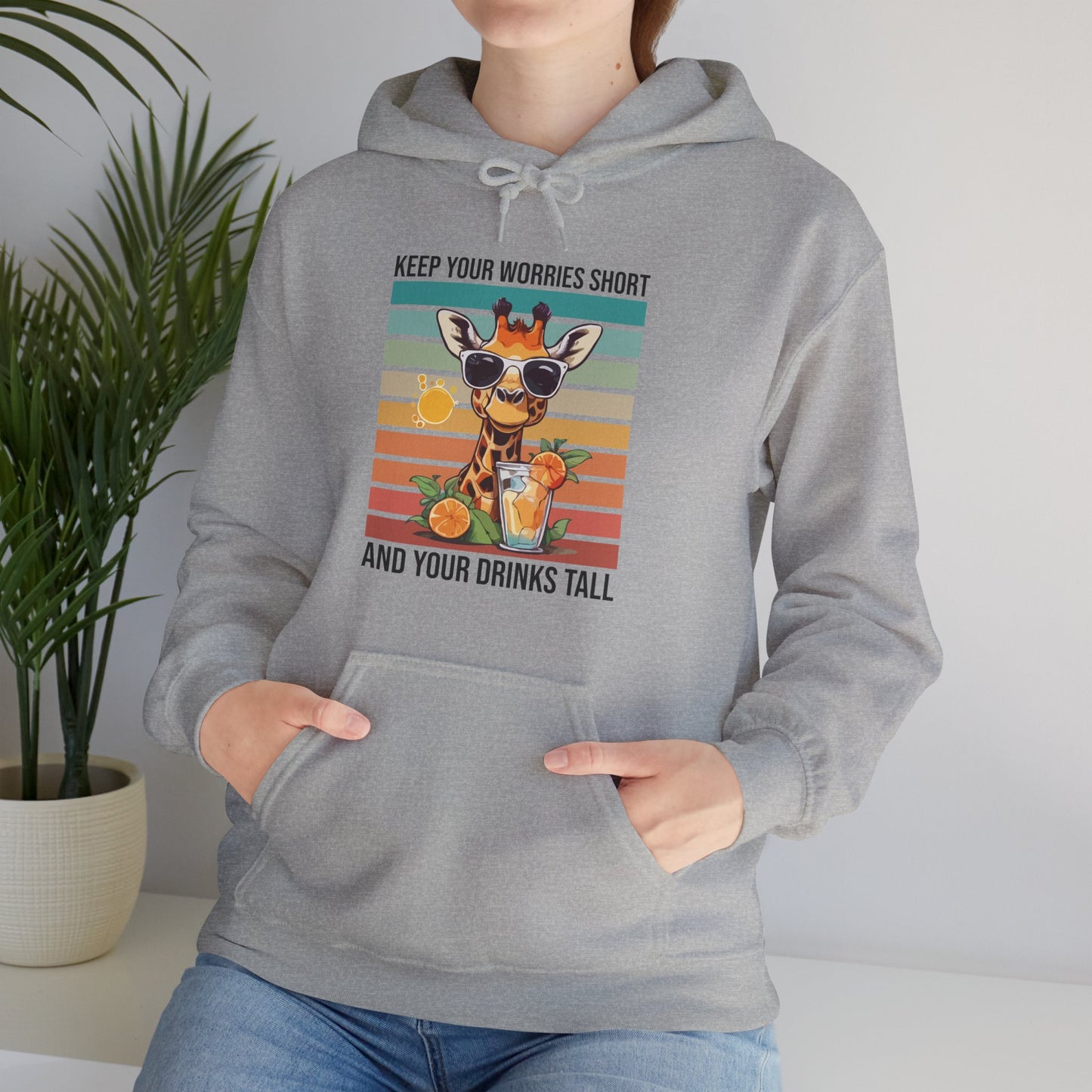 “Keep Your Worries Short & Your Drinks Tall” Giraffe Hoodie – Funny Summer Citrus Spritz Graphic, Cool Animal Lover Gift, Tropical Party Vibes
