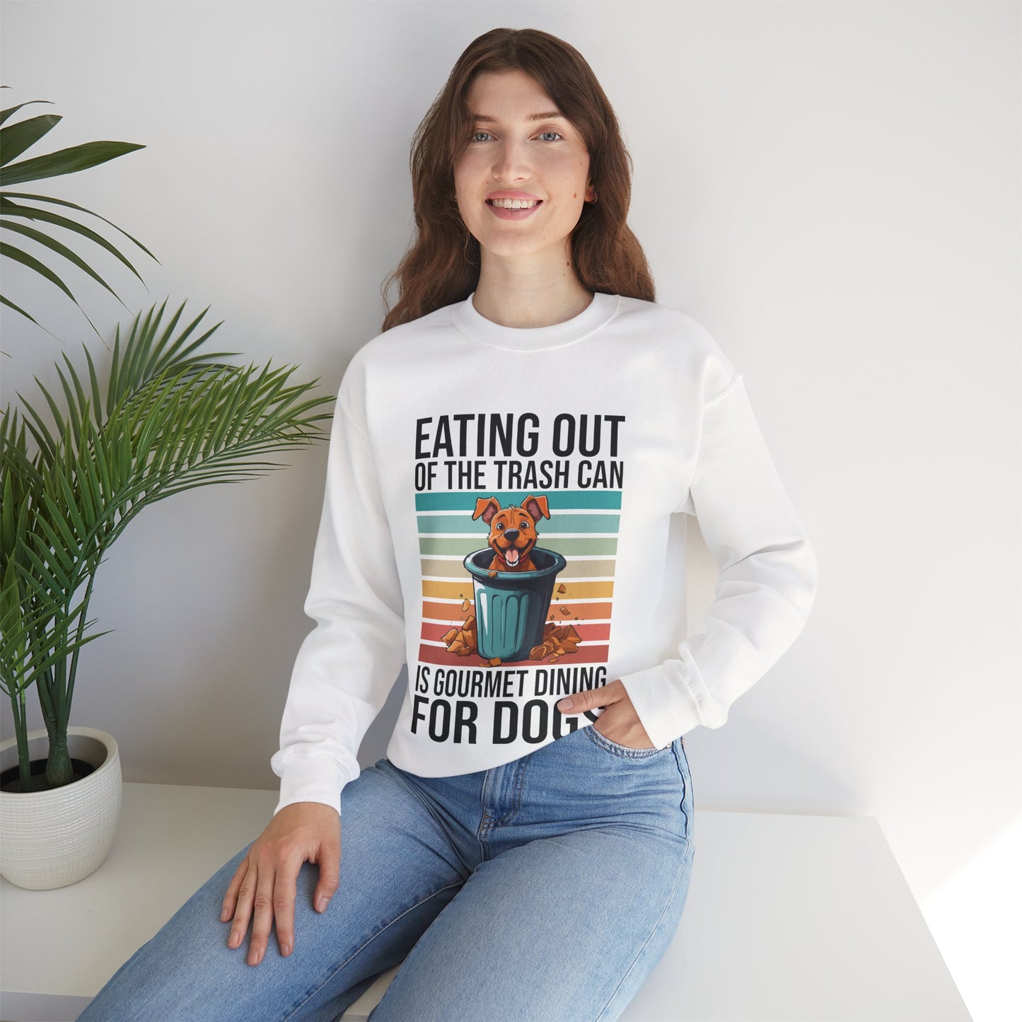Funny Dog Sweatshirt – “Gourmet Trash Can Dining” Graphic for Pet Lovers, Cozy Unisex Pullover, Dog Mom or Dad Gift