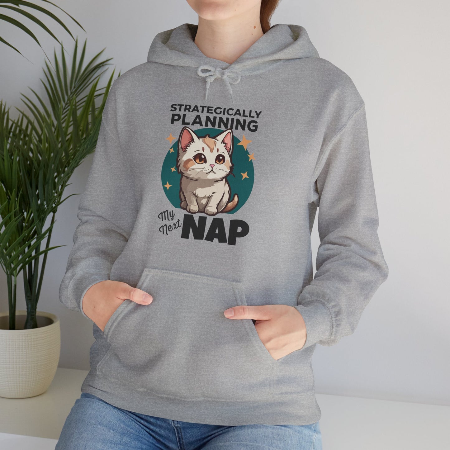 “Strategically Planning My Next Nap” Funny Cat Hoodie – Lazy Cat Lover Gift, Cozy Unisex Pullover for Pet Parents, Nap Queens & Introverts