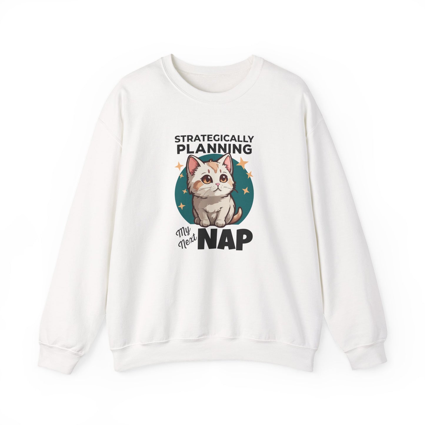 “Strategically Planning My Next Nap” Funny Cat Sweatshirt – Lazy Cat Lover Gift, Cozy Unisex Pullover for Pet Parents, Introverts & Nap Queens