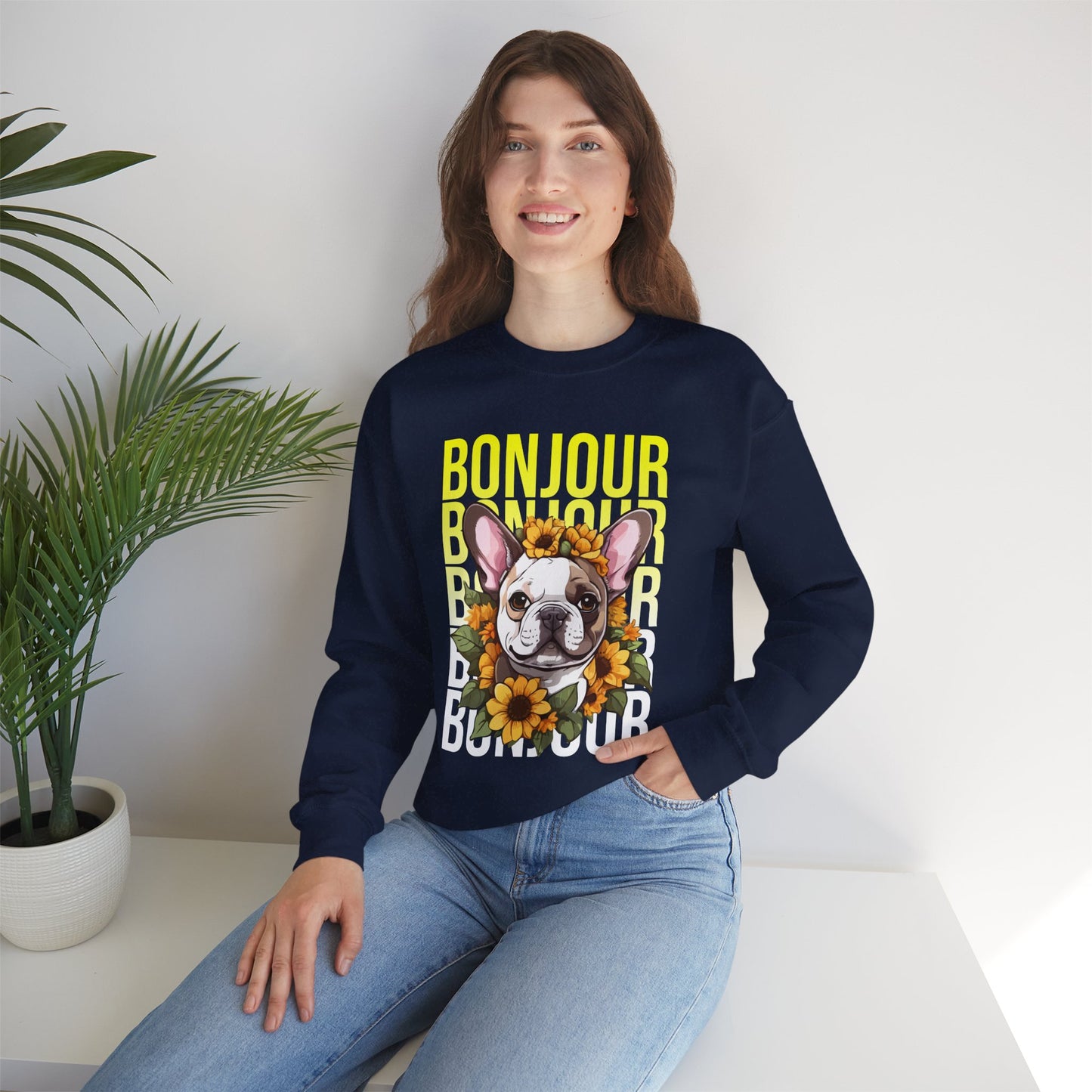 French Bulldog Sunflower Sweatshirt – Cute Bonjour Frenchie Pullover for Dog Lovers, Cozy Fall Gift for Her