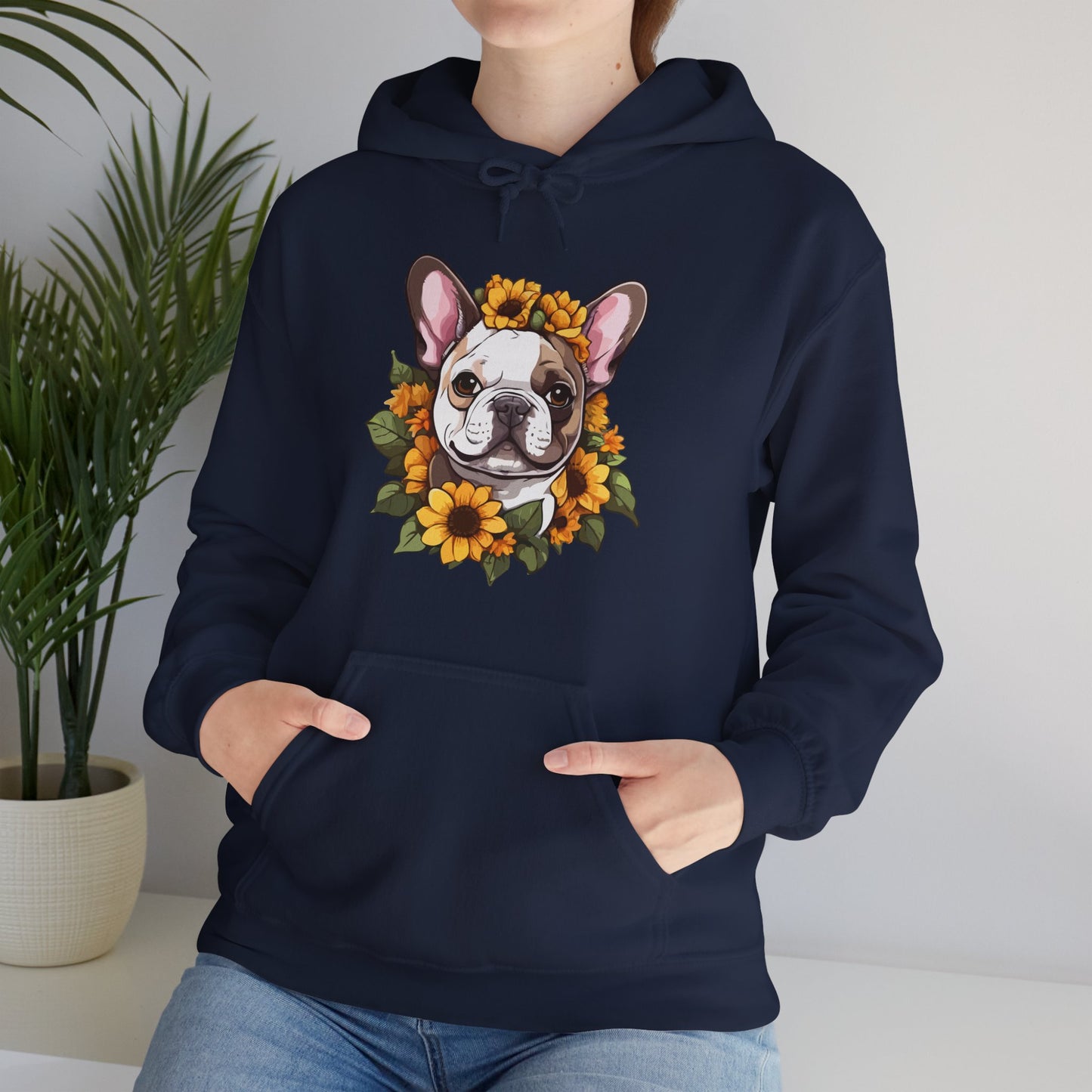 French Bulldog Sunflower Hoodie – Cute Bonjour Frenchie Pullover for Dog Lovers, Cozy Floral Gift for Pet Owners