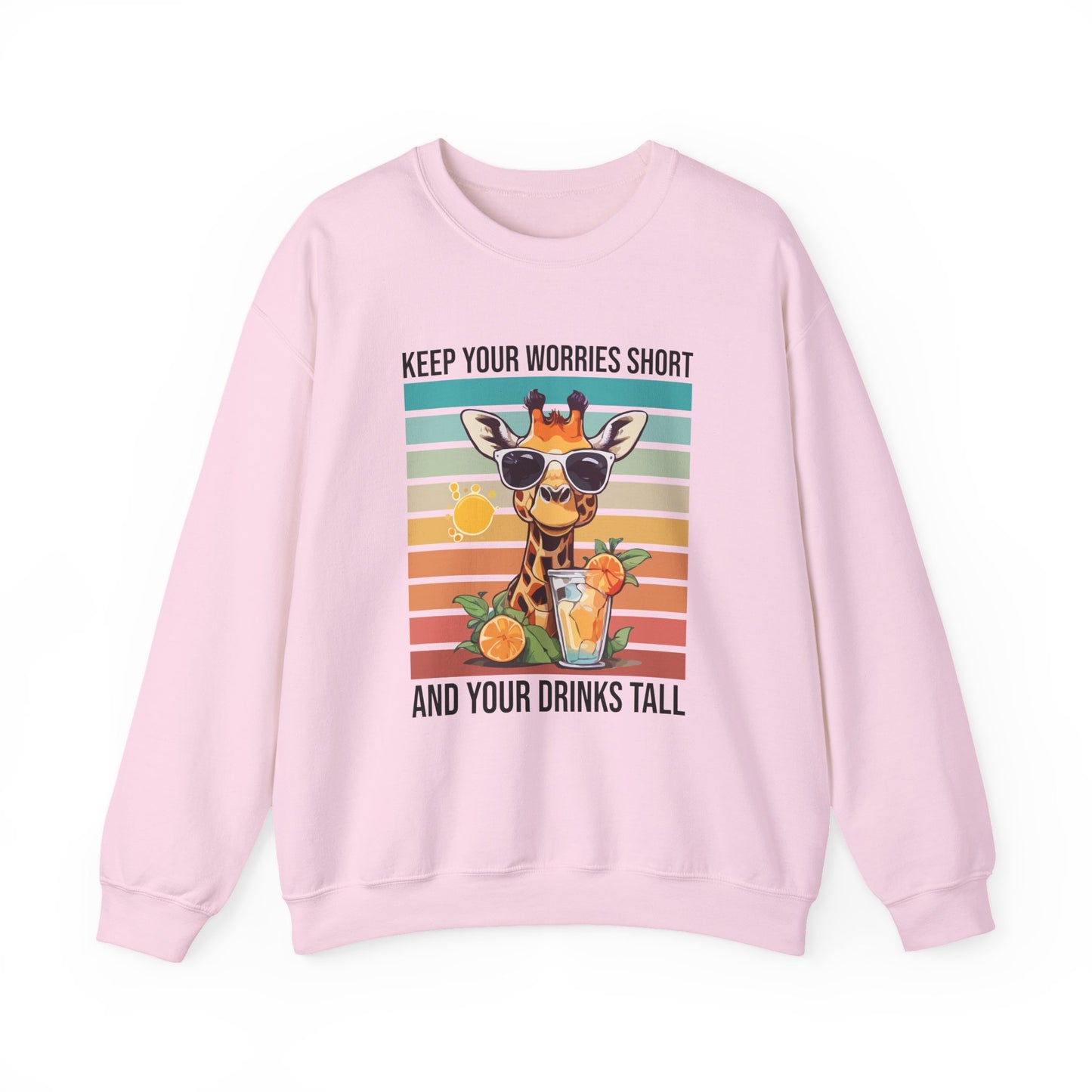 “Keep Your Worries Short & Your Drinks Tall” Giraffe Sweatshirt – Funny Summer Animal Graphic, Citrus Spritz Vibes for Bold Animal Lovers