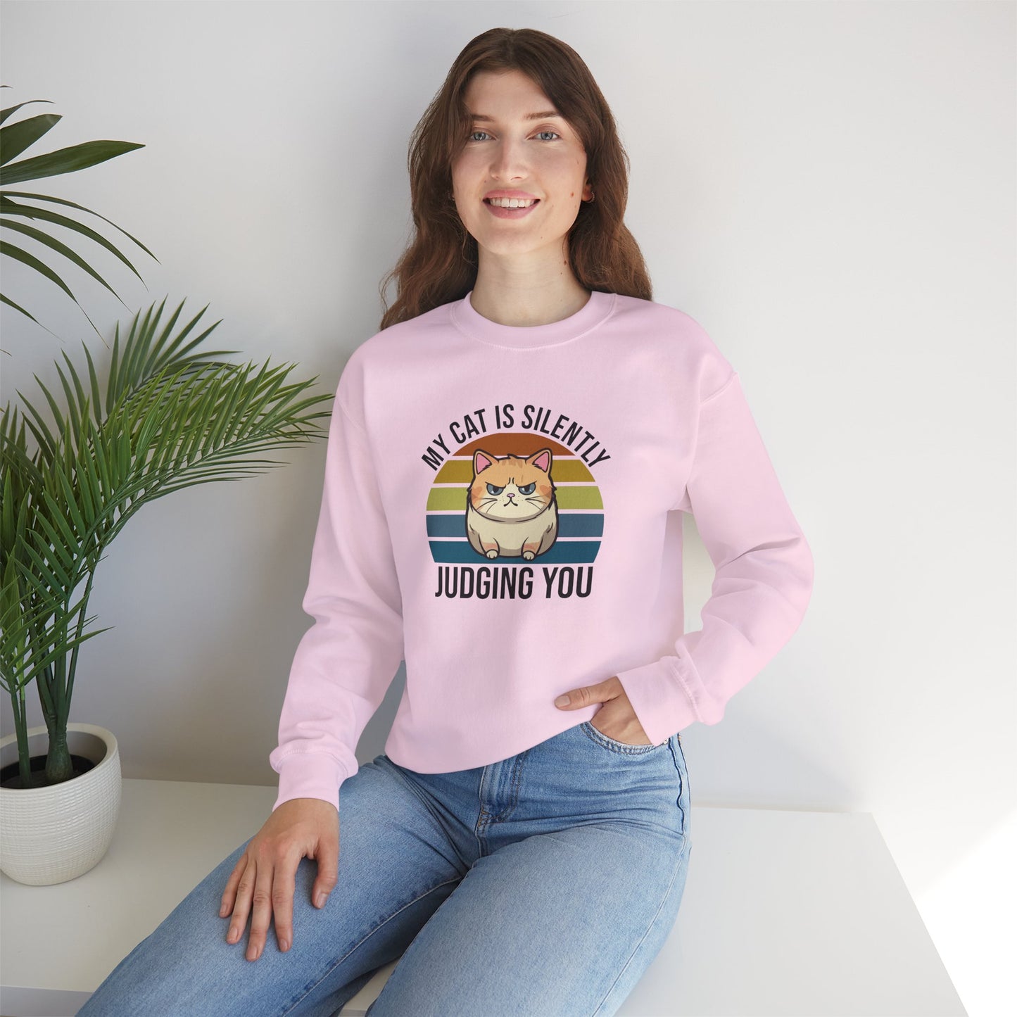 “My Cat Is Silently Judging You” Funny Cat Lover Sweatshirt – Snarky Unisex Pullover Gift for Pet Parents, Introverts & Feline Fans