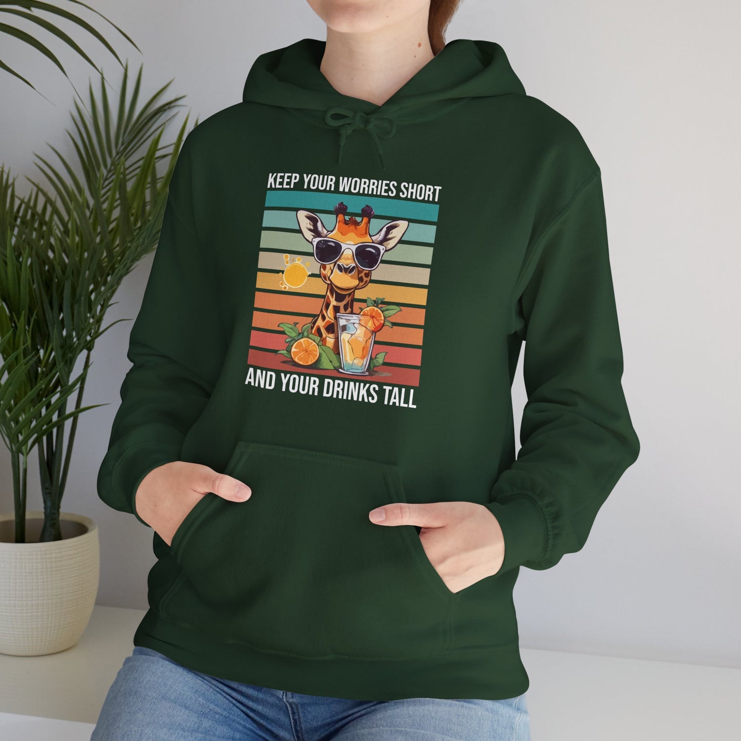 “Keep Your Worries Short & Your Drinks Tall” Giraffe Hoodie – Funny Summer Citrus Spritz Graphic, Cool Animal Lover Gift, Tropical Party Vibes