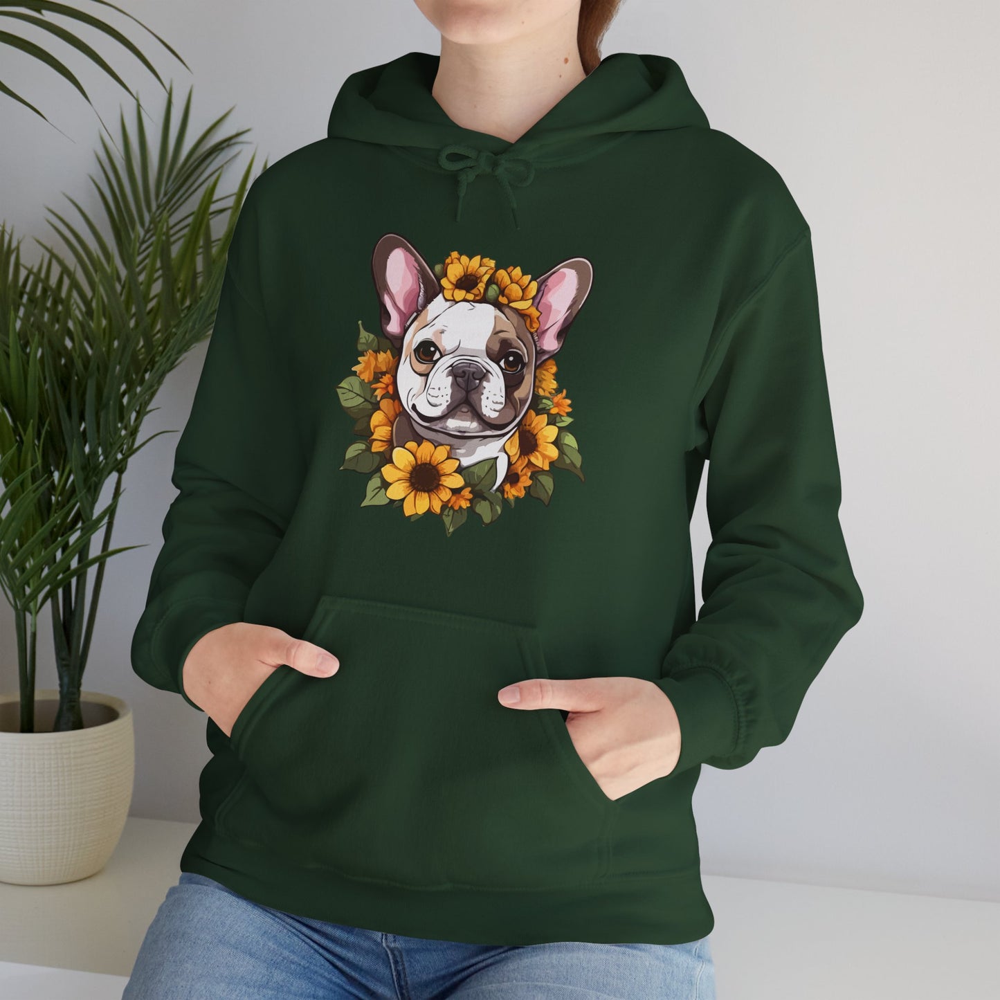 French Bulldog Sunflower Hoodie – Cute Bonjour Frenchie Pullover for Dog Lovers, Cozy Floral Gift for Pet Owners