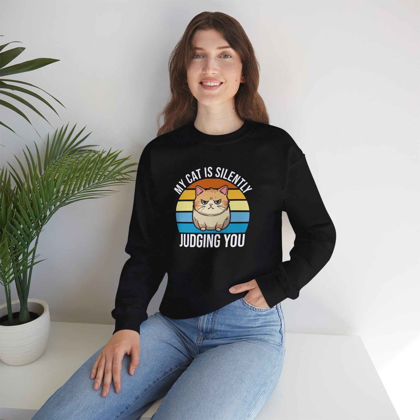“My Cat Is Silently Judging You” Funny Cat Lover Sweatshirt – Snarky Unisex Pullover Gift for Pet Parents, Introverts & Feline Fans