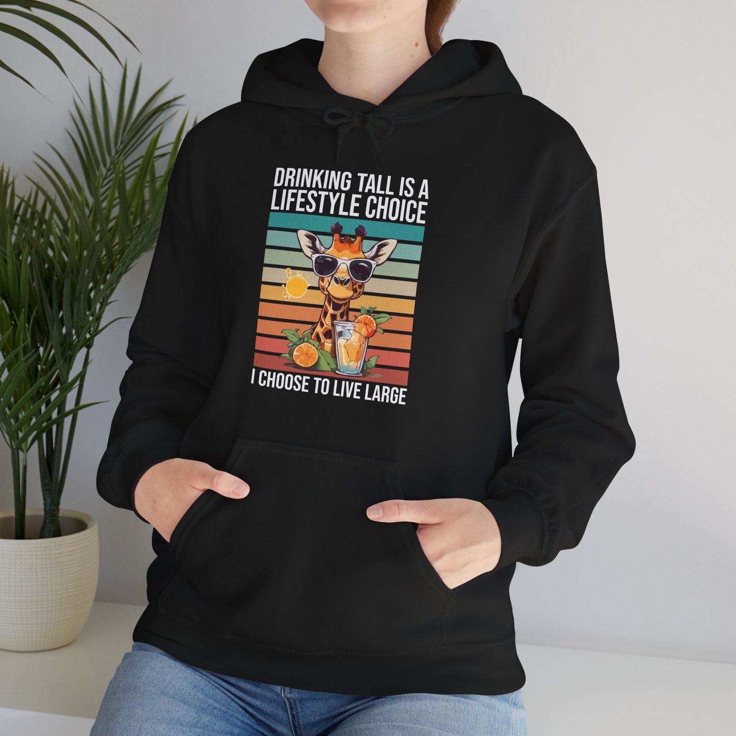“Drinking Tall Is a Lifestyle Choice” Funny Giraffe Summer Hoodie – Citrus Sunset Spritz Graphic, Bold Animal Lover Gift, Live Large in Style