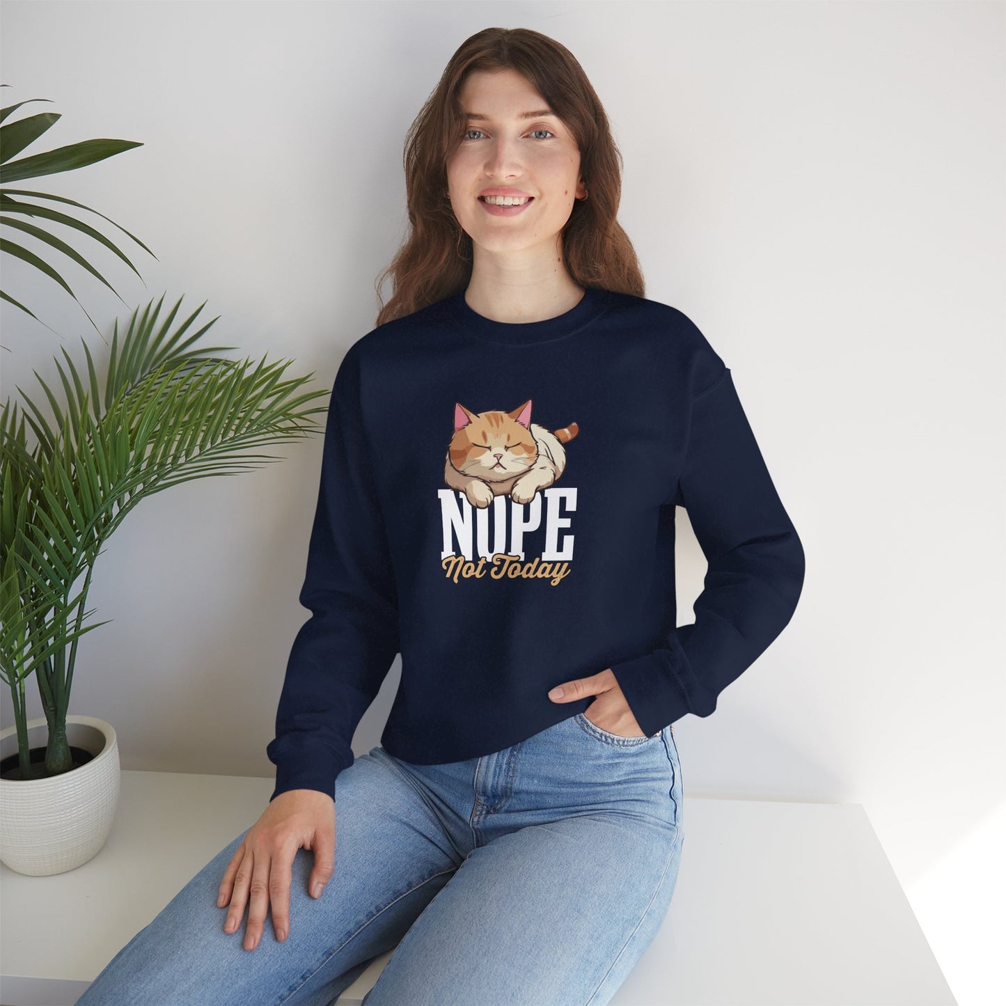 Funny Lazy Cat Sweatshirt – “Nope, Not Today” Quote Pullover for Cat Lovers, Introverts & Nap Queens