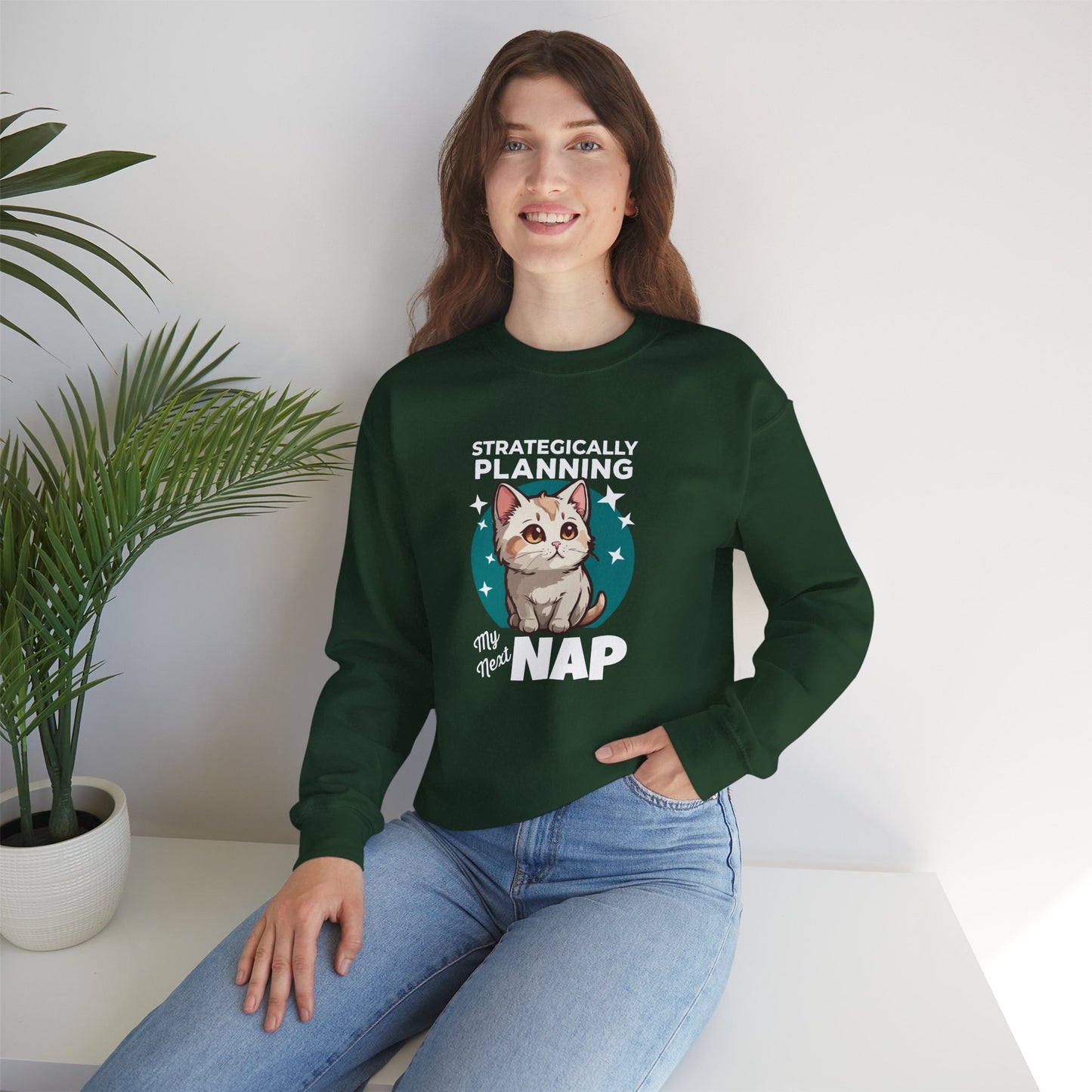 “Strategically Planning My Next Nap” Funny Cat Sweatshirt – Lazy Cat Lover Gift, Cozy Unisex Pullover for Pet Parents, Introverts & Nap Queens
