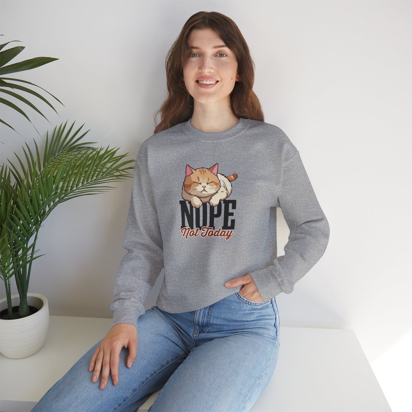 Funny Lazy Cat Sweatshirt – “Nope, Not Today” Quote Pullover for Cat Lovers, Introverts & Nap Queens
