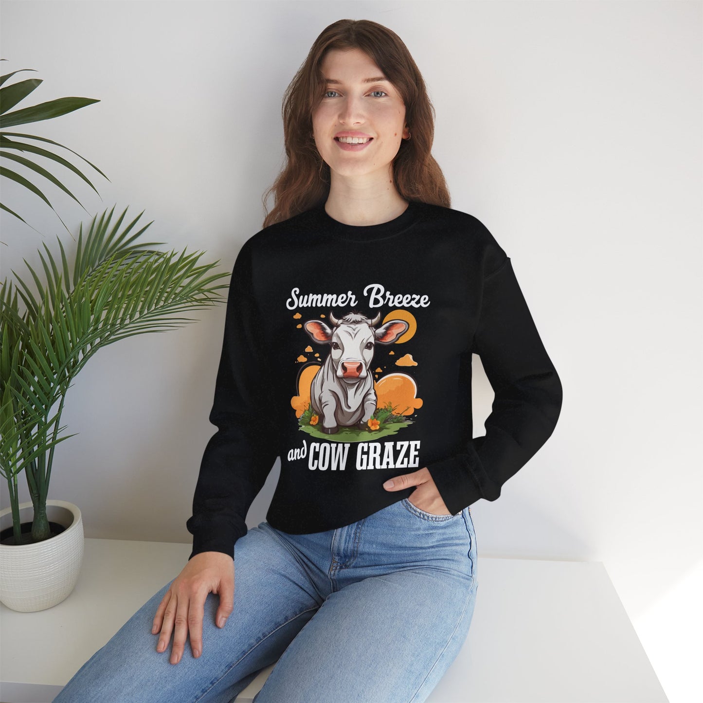 “Summer Breeze and Cow Graze” Sweatshirt – Farm Animal Lover Gift, Rustic Country Life Sweater, Cozy Cow Apparel for Nature Lovers