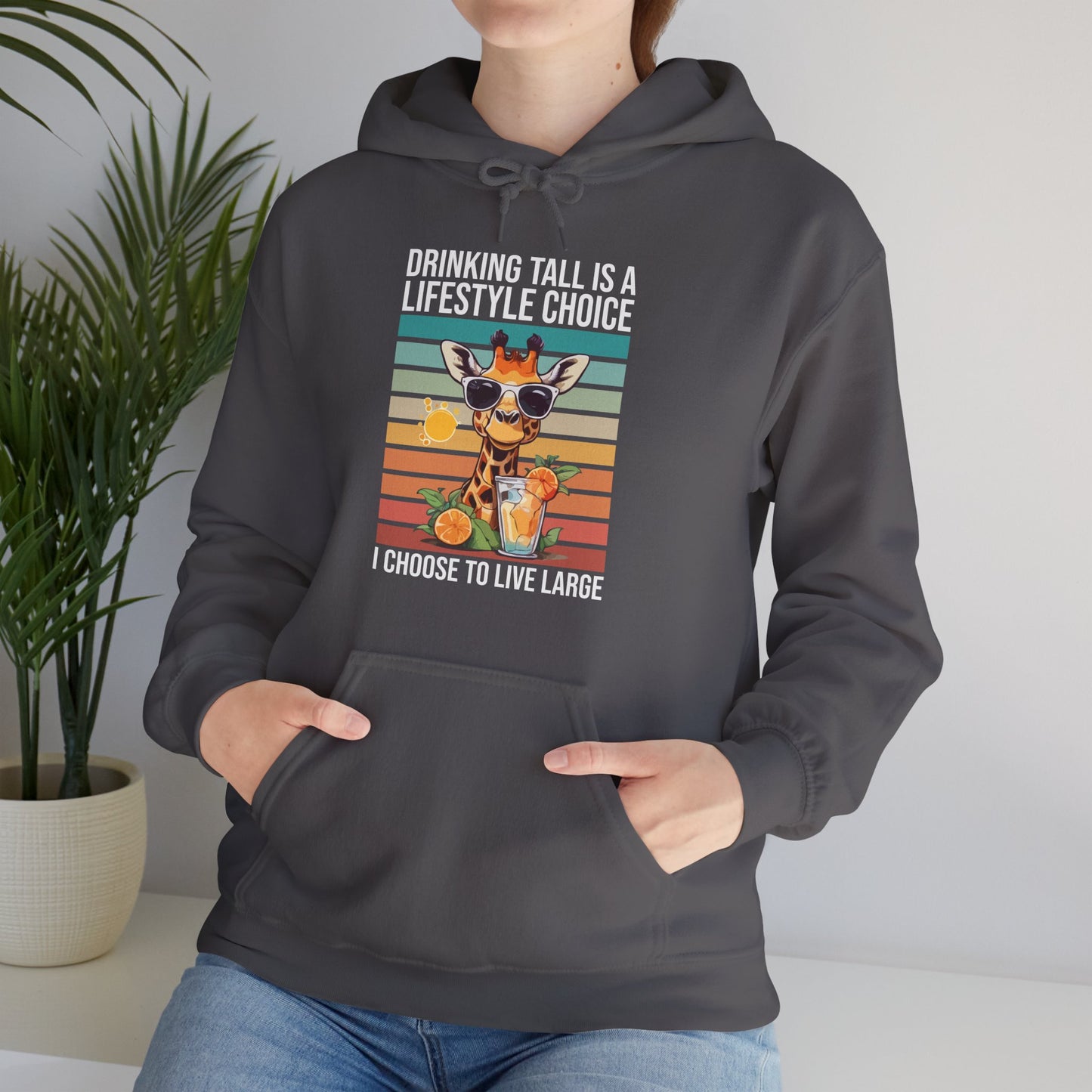 “Drinking Tall Is a Lifestyle Choice” Funny Giraffe Summer Hoodie – Citrus Sunset Spritz Graphic, Bold Animal Lover Gift, Live Large in Style