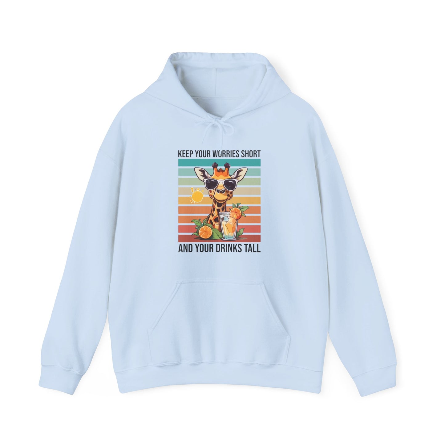 “Keep Your Worries Short & Your Drinks Tall” Giraffe Hoodie – Funny Summer Citrus Spritz Graphic, Cool Animal Lover Gift, Tropical Party Vibes