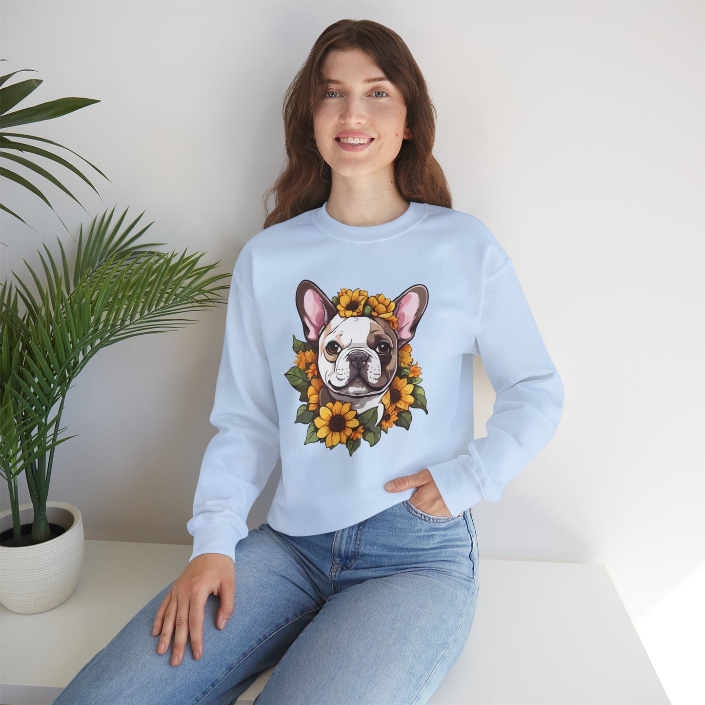 French Bulldog Sunflower Sweatshirt – Cute Bonjour Frenchie Crewneck for Dog Lovers, Cozy Floral Gift for Pet Moms & Dads