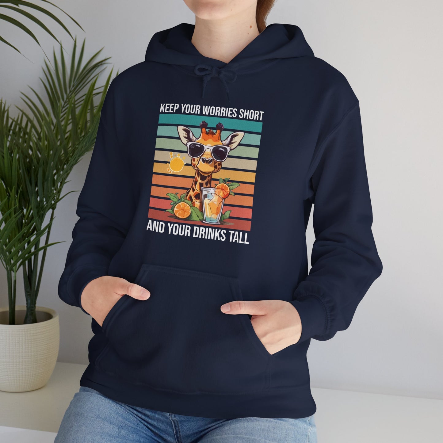“Keep Your Worries Short & Your Drinks Tall” Giraffe Hoodie – Funny Summer Citrus Spritz Graphic, Cool Animal Lover Gift, Tropical Party Vibes