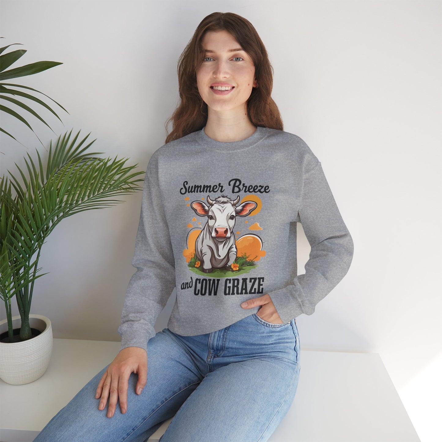 “Summer Breeze and Cow Graze” Sweatshirt – Farm Animal Lover Gift, Rustic Country Life Sweater, Cozy Cow Apparel for Nature Lovers