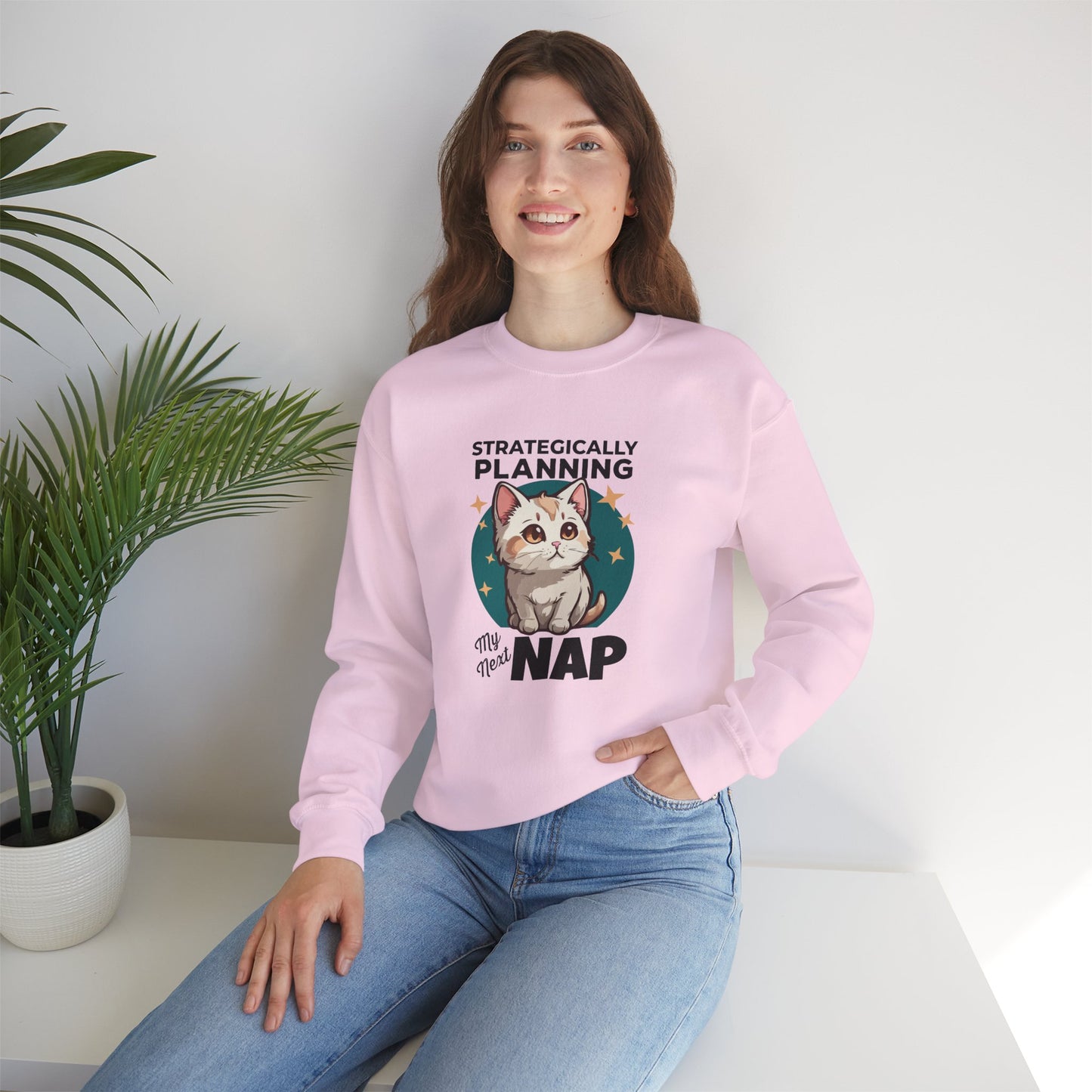 “Strategically Planning My Next Nap” Funny Cat Sweatshirt – Lazy Cat Lover Gift, Cozy Unisex Pullover for Pet Parents, Introverts & Nap Queens