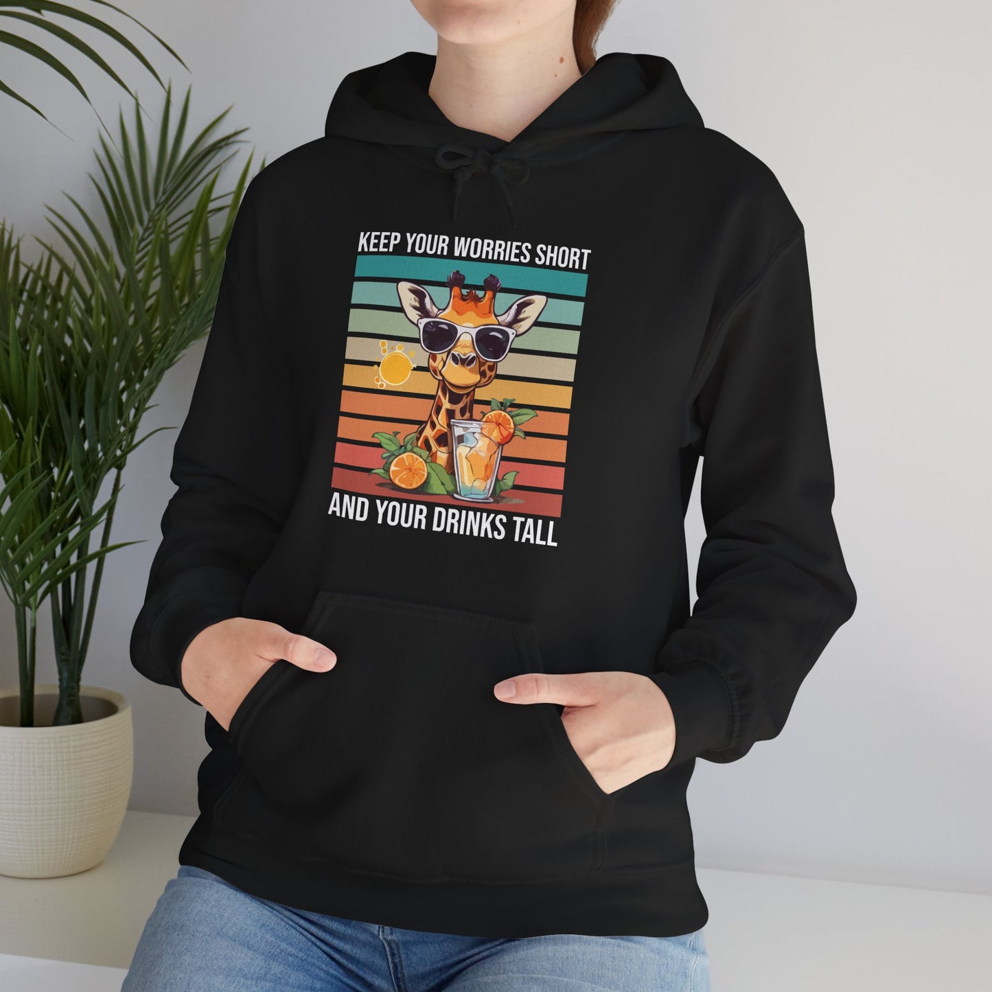 “Keep Your Worries Short & Your Drinks Tall” Giraffe Hoodie – Funny Summer Citrus Spritz Graphic, Cool Animal Lover Gift, Tropical Party Vibes
