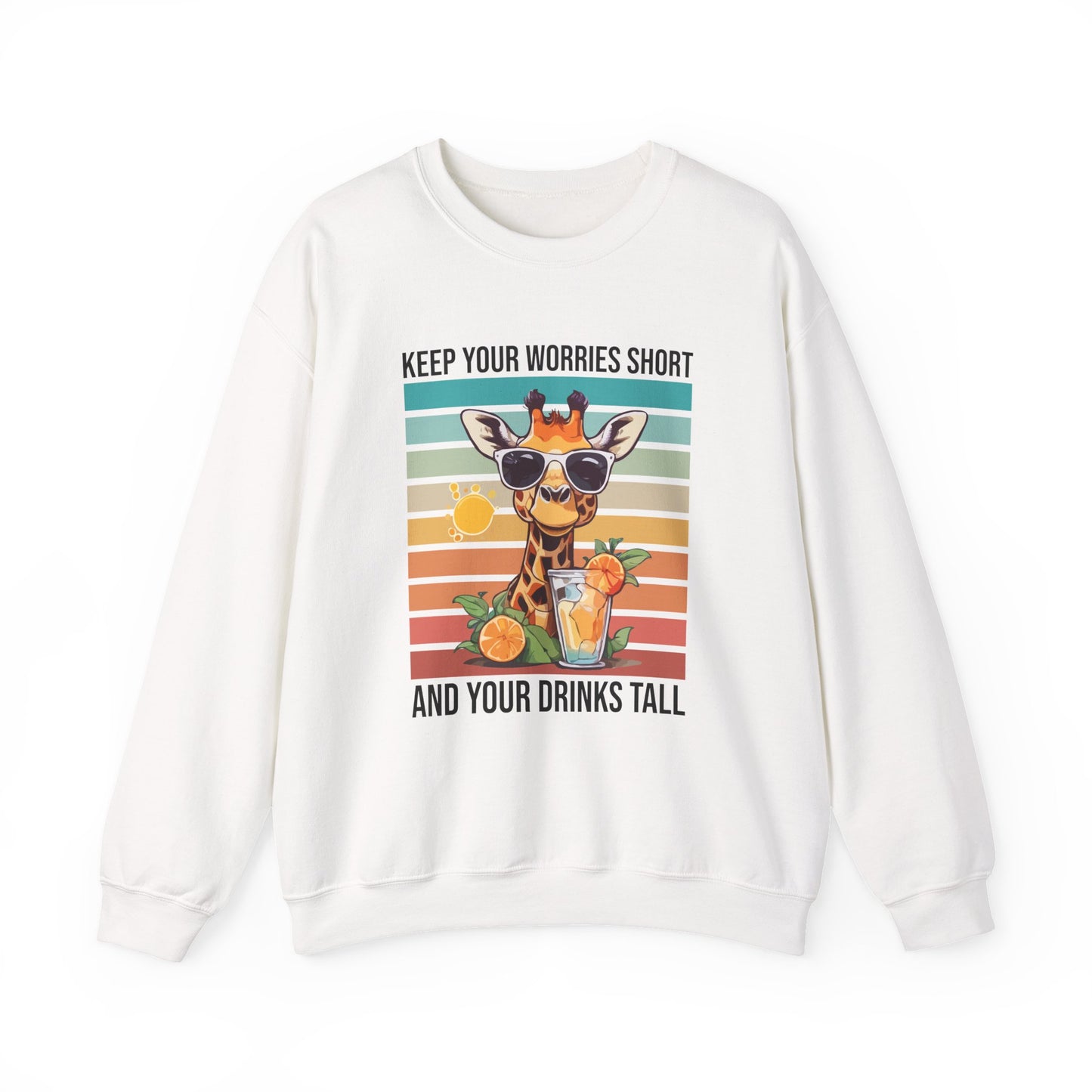 “Keep Your Worries Short & Your Drinks Tall” Giraffe Sweatshirt – Funny Summer Animal Graphic, Citrus Spritz Vibes for Bold Animal Lovers