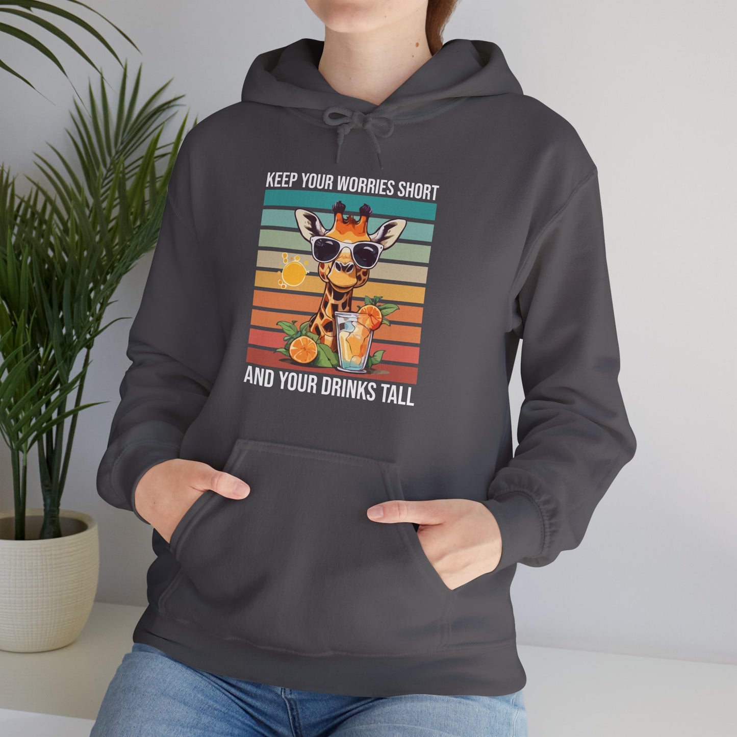 “Keep Your Worries Short & Your Drinks Tall” Giraffe Hoodie – Funny Summer Citrus Spritz Graphic, Cool Animal Lover Gift, Tropical Party Vibes