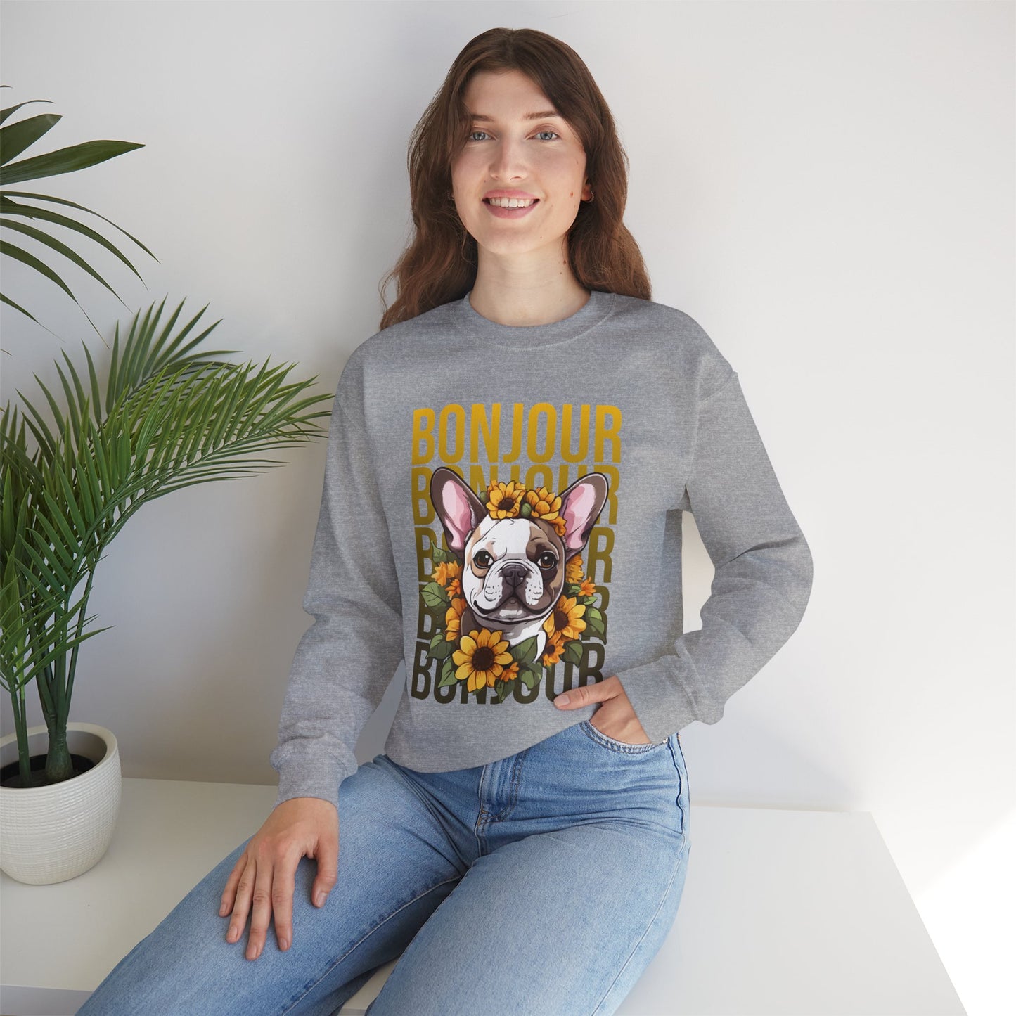 French Bulldog Sunflower Sweatshirt – Cute Bonjour Frenchie Pullover for Dog Lovers, Cozy Fall Gift for Her