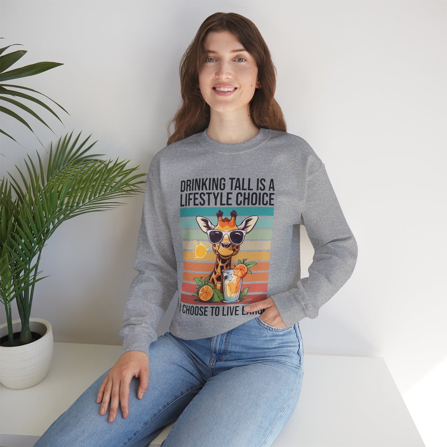 “Drinking Tall Is a Lifestyle Choice” Giraffe Sweatshirt – Funny Summer Citrus Graphic for Animal Lovers with Big Personality