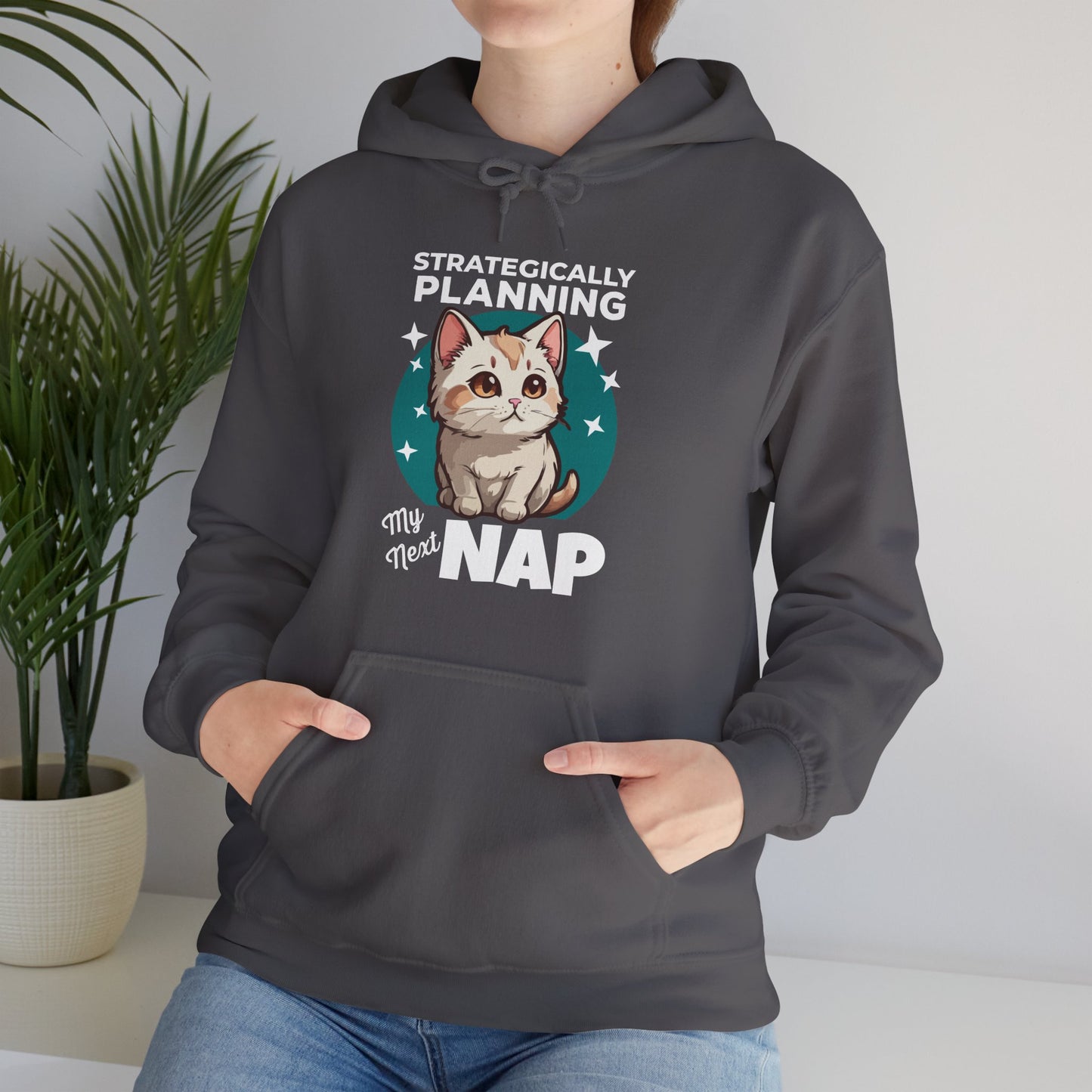 “Strategically Planning My Next Nap” Funny Cat Hoodie – Lazy Cat Lover Gift, Cozy Unisex Pullover for Pet Parents, Nap Queens & Introverts