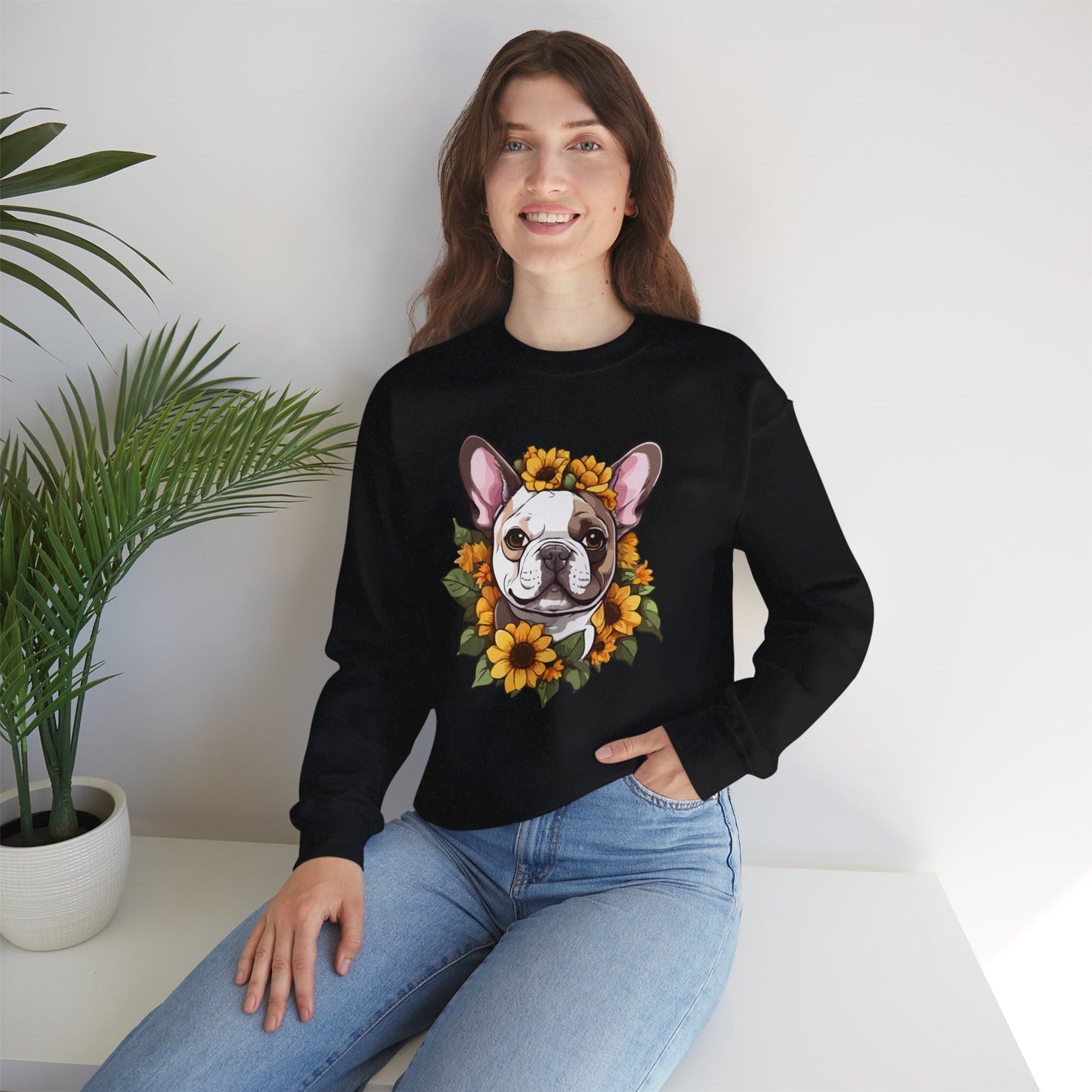 French Bulldog Sunflower Sweatshirt – Cute Bonjour Frenchie Crewneck for Dog Lovers, Cozy Floral Gift for Pet Moms & Dads