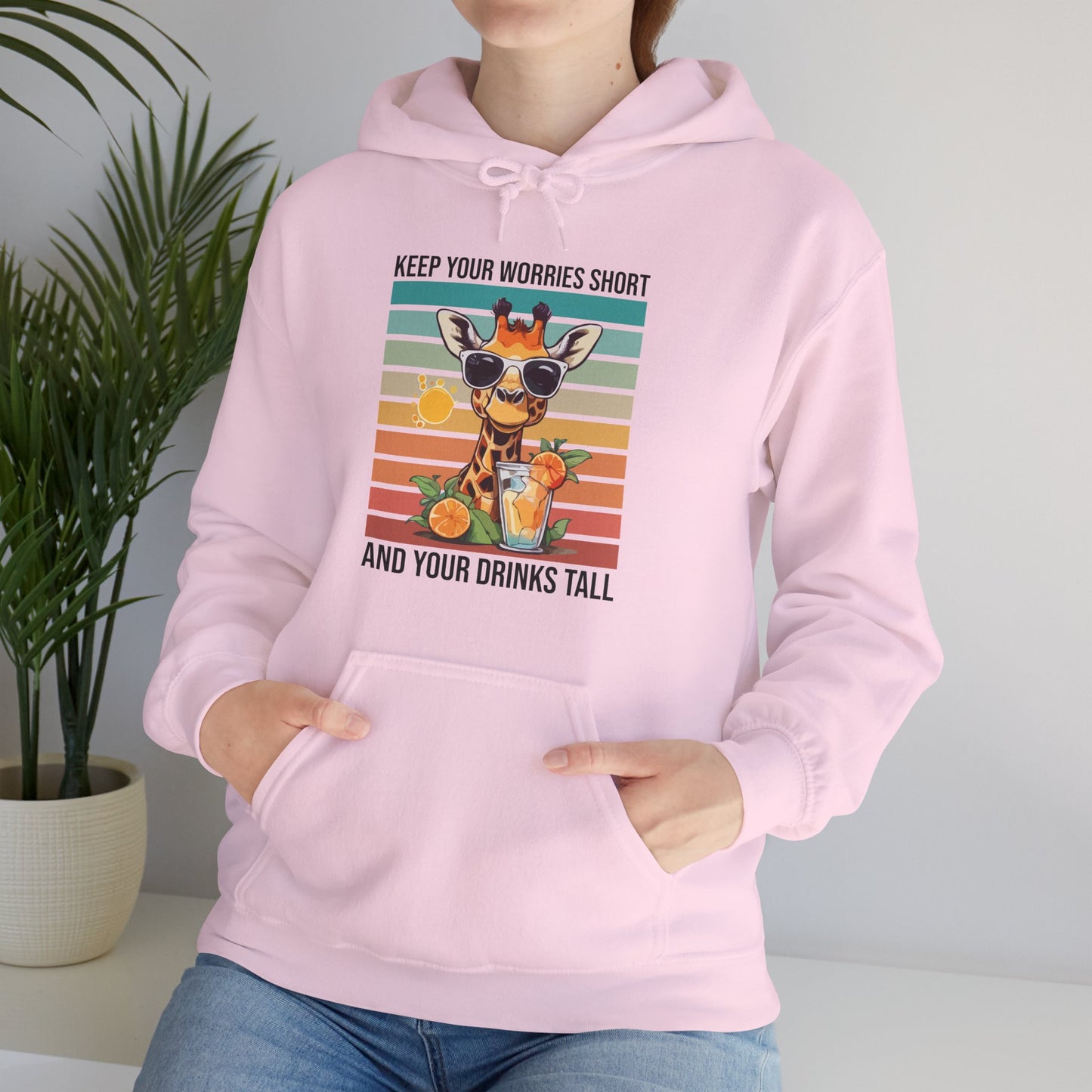 “Keep Your Worries Short & Your Drinks Tall” Giraffe Hoodie – Funny Summer Citrus Spritz Graphic, Cool Animal Lover Gift, Tropical Party Vibes