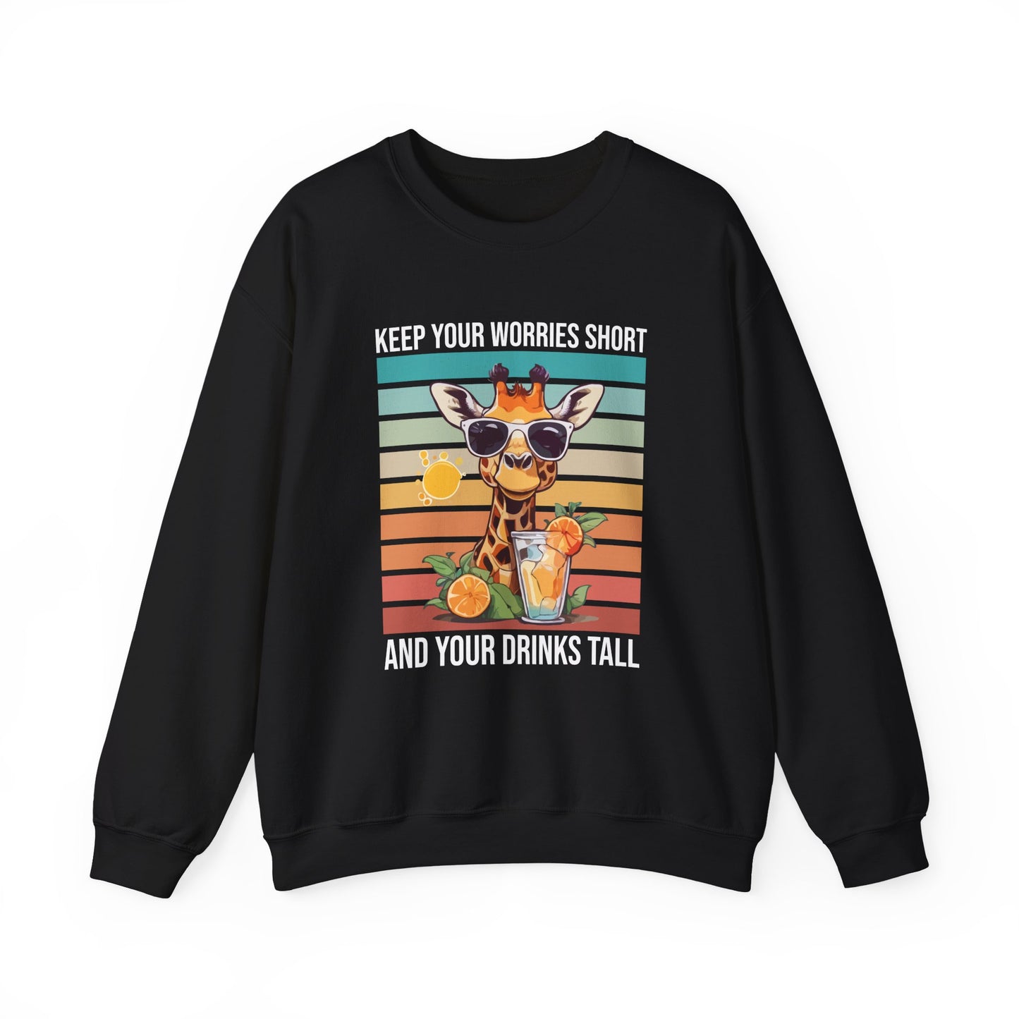 “Keep Your Worries Short & Your Drinks Tall” Giraffe Sweatshirt – Funny Summer Animal Graphic, Citrus Spritz Vibes for Bold Animal Lovers
