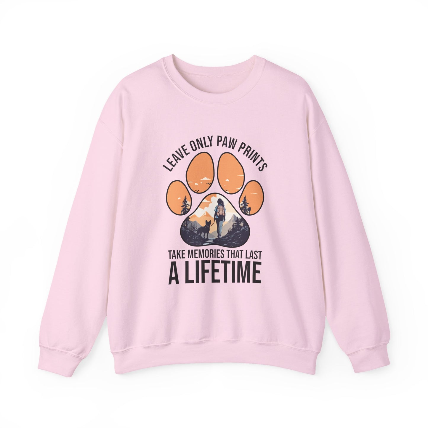 “Leave Only Paw Prints, Take Memories That Last a Lifetime” Hiking Dog Lover Sweatshirt – Cozy Unisex Adventure Pullover for Outdoor Pet Parents & Nature Lovers