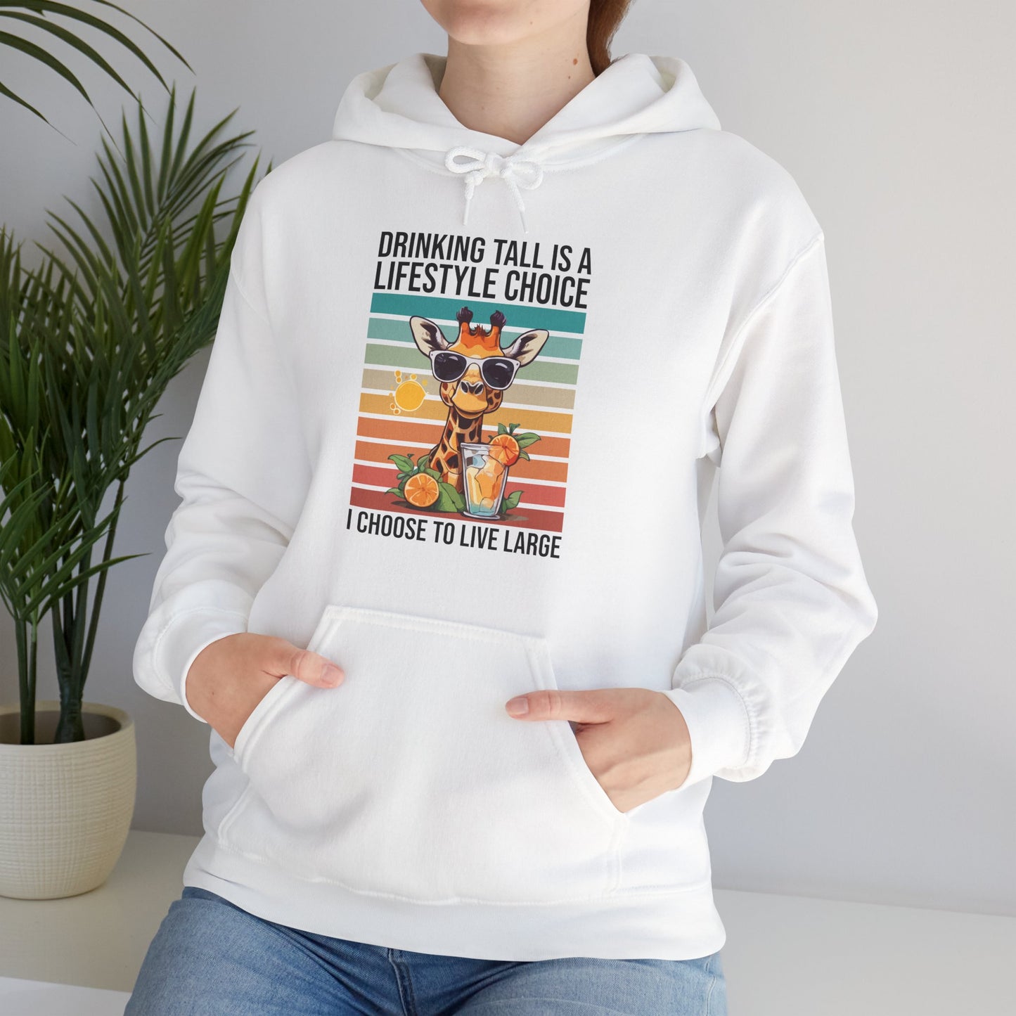 “Drinking Tall Is a Lifestyle Choice” Funny Giraffe Summer Hoodie – Citrus Sunset Spritz Graphic, Bold Animal Lover Gift, Live Large in Style